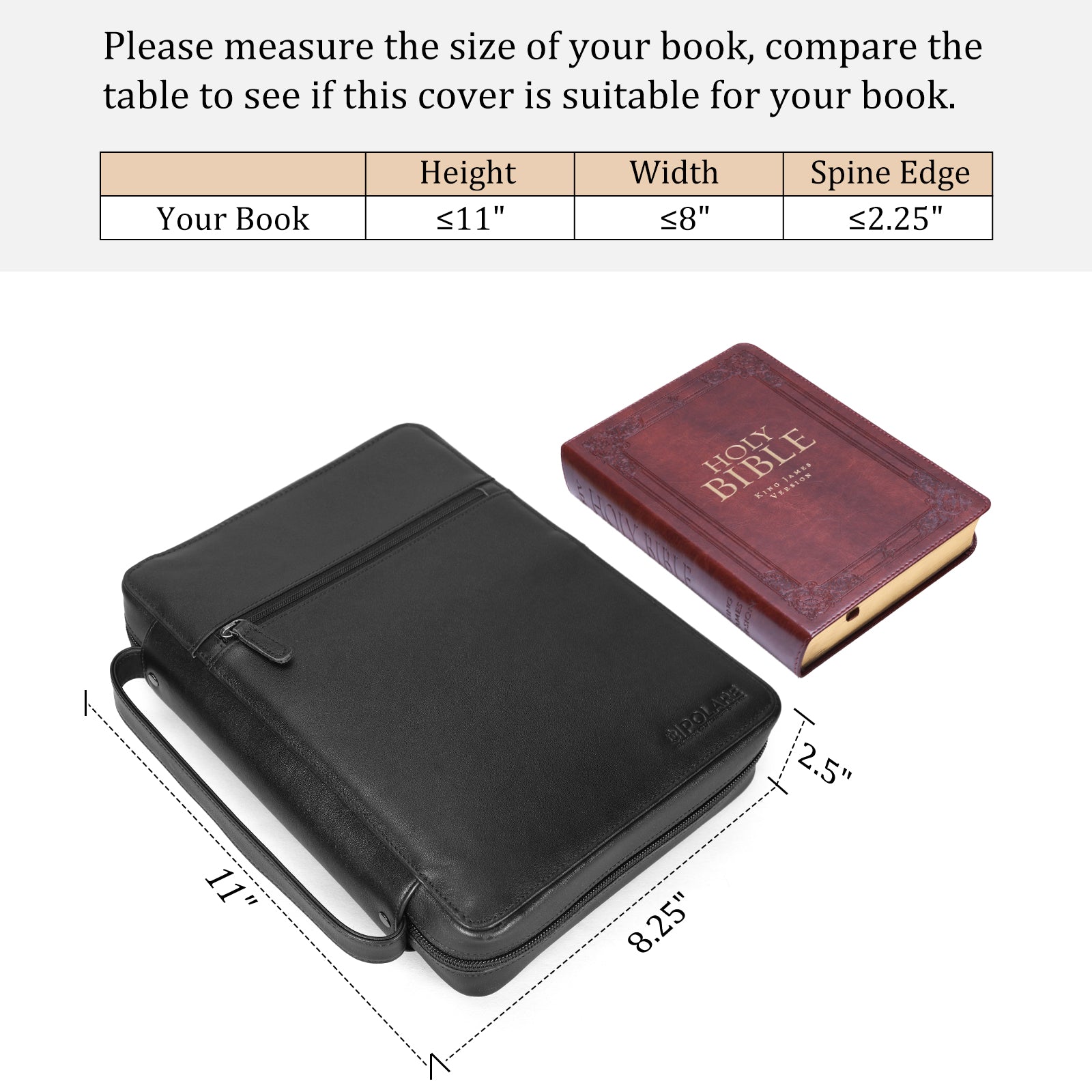 Polare Full Grain Leather Bible Cover Church Bag Bible Protective Book Holder Carrying Case Folder Organizer Portfolio with YKK Zippers, Dark Brown(Strong & Courageous)