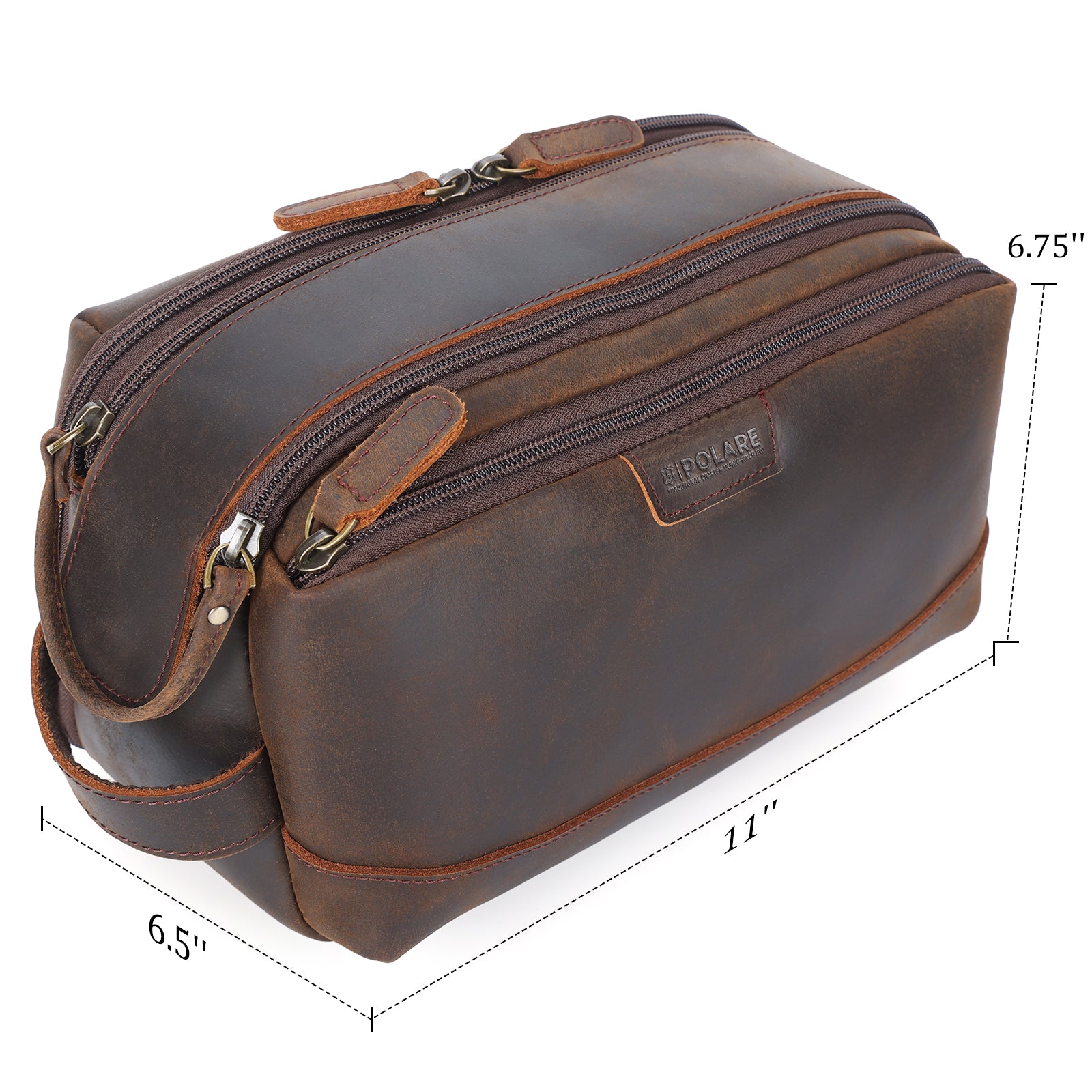 Full Grain Leather Toiletry Bag Travel Cosmetic Case Shaving Kit (Dimension)