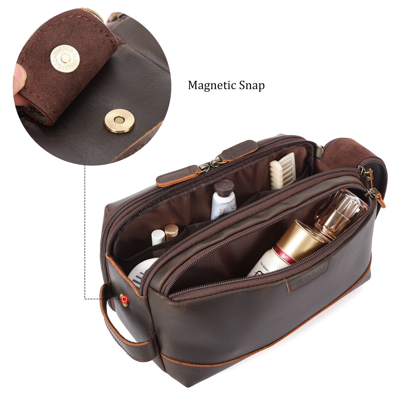 Full Grain Leather Toiletry Bag Travel Cosmetic Case Shaving Kit (Inside)