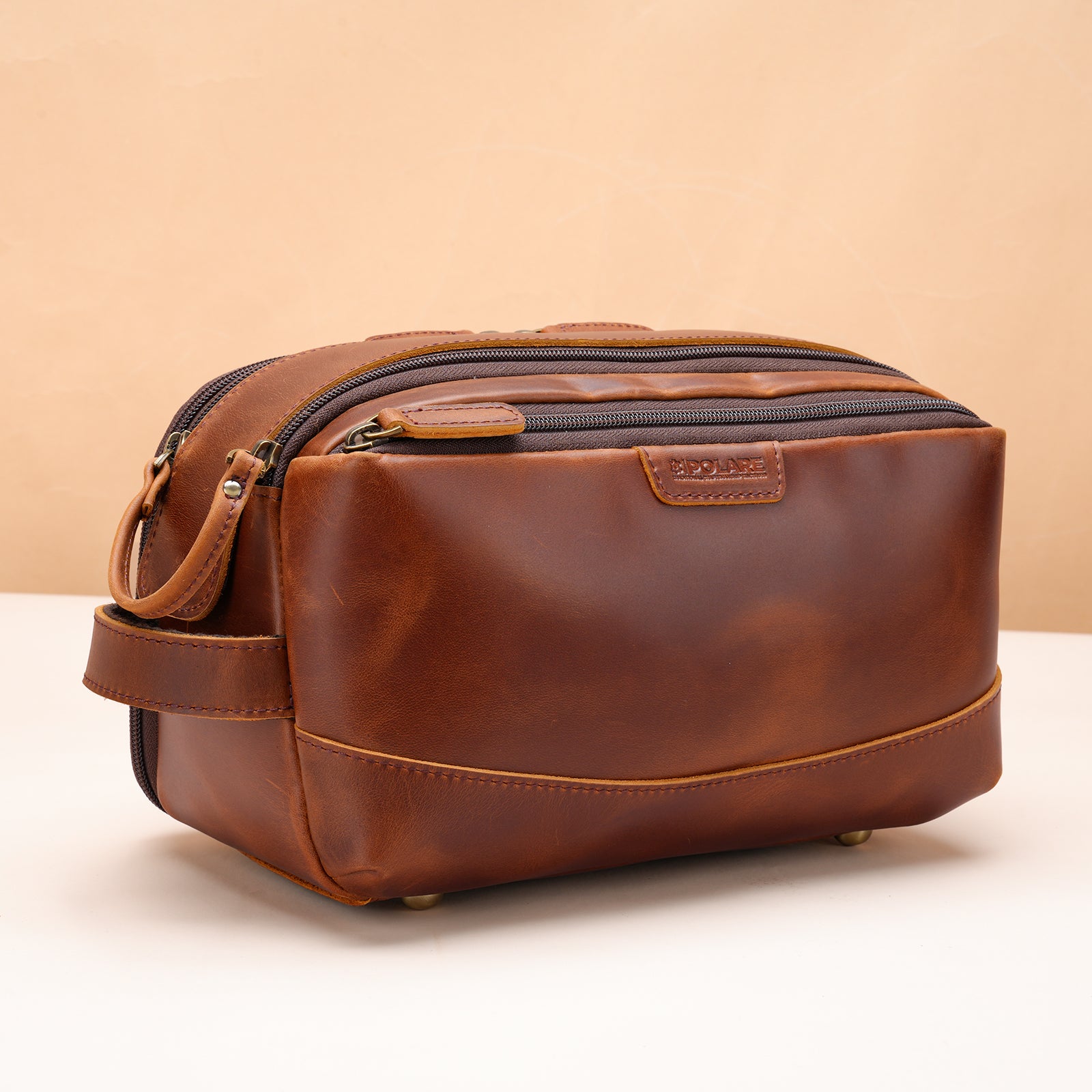 Polare Full Grain Leather Toiletry Bag for Men Large Travel Cosmetic Case Dopp Kit Shaving Kit Wash Pouch with YKK Zippers