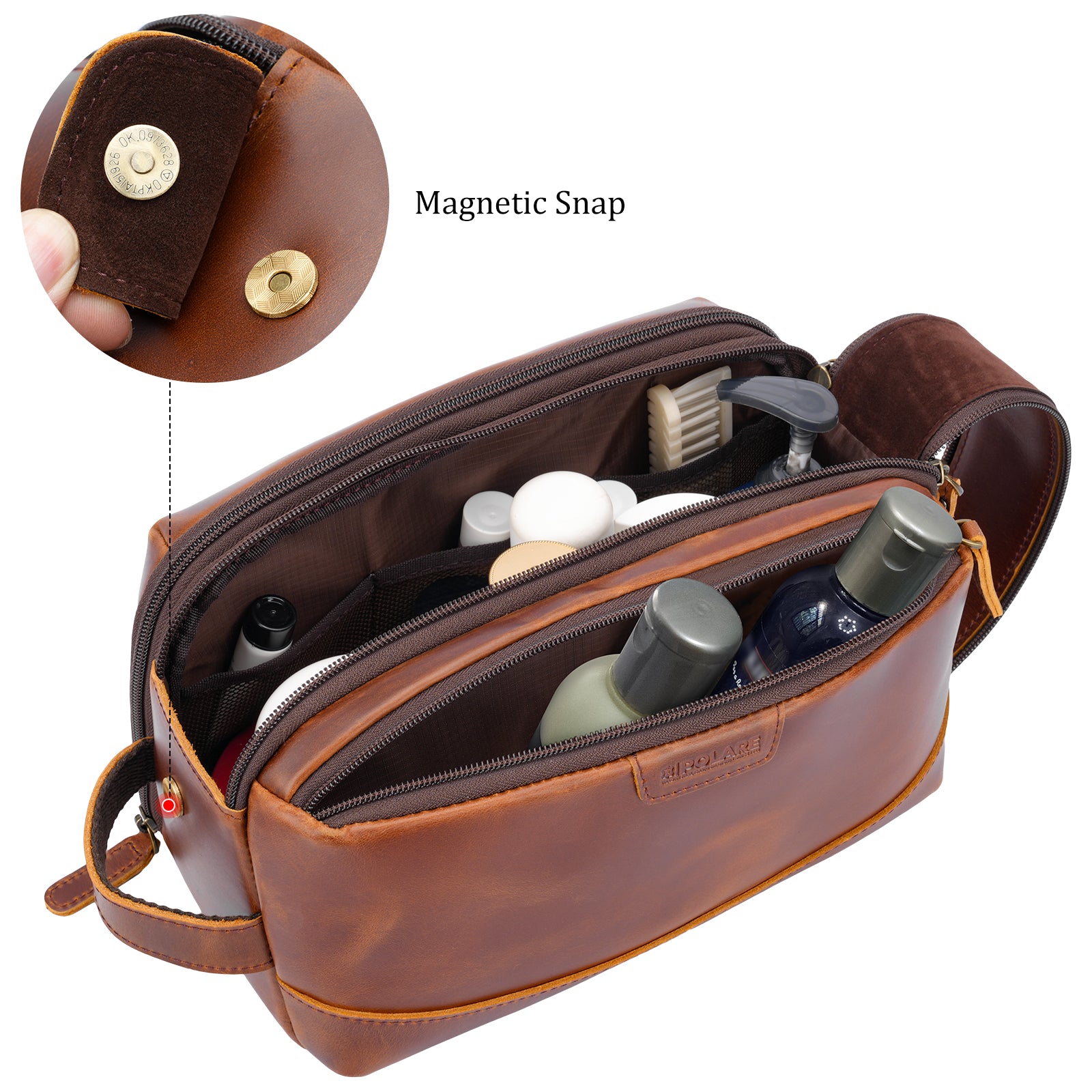 Polare Full Grain Leather Toiletry Bag for Men Large Travel Cosmetic Case Dopp Kit Shaving Kit Wash Pouch with YKK Zippers