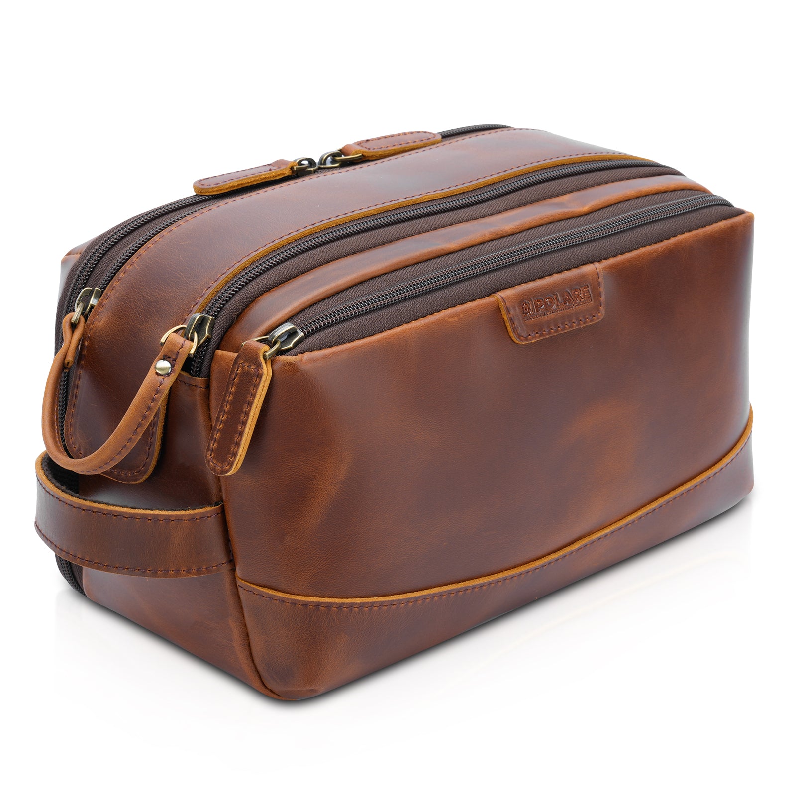 Polare Full Grain Leather Toiletry Bag for Men Large Travel Cosmetic Case Dopp Kit Shaving Kit Wash Pouch with YKK Zippers