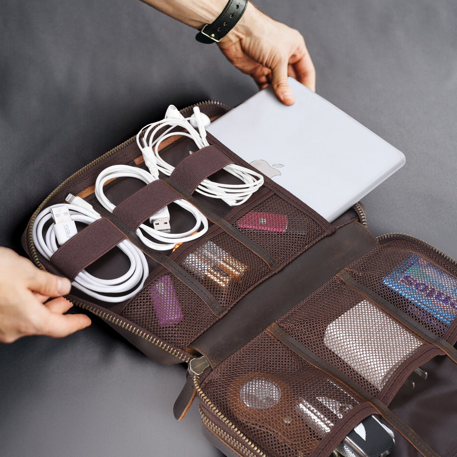 Leather Travel Cable Organizer Case Electronics Accessories Storage Bag (Inside)