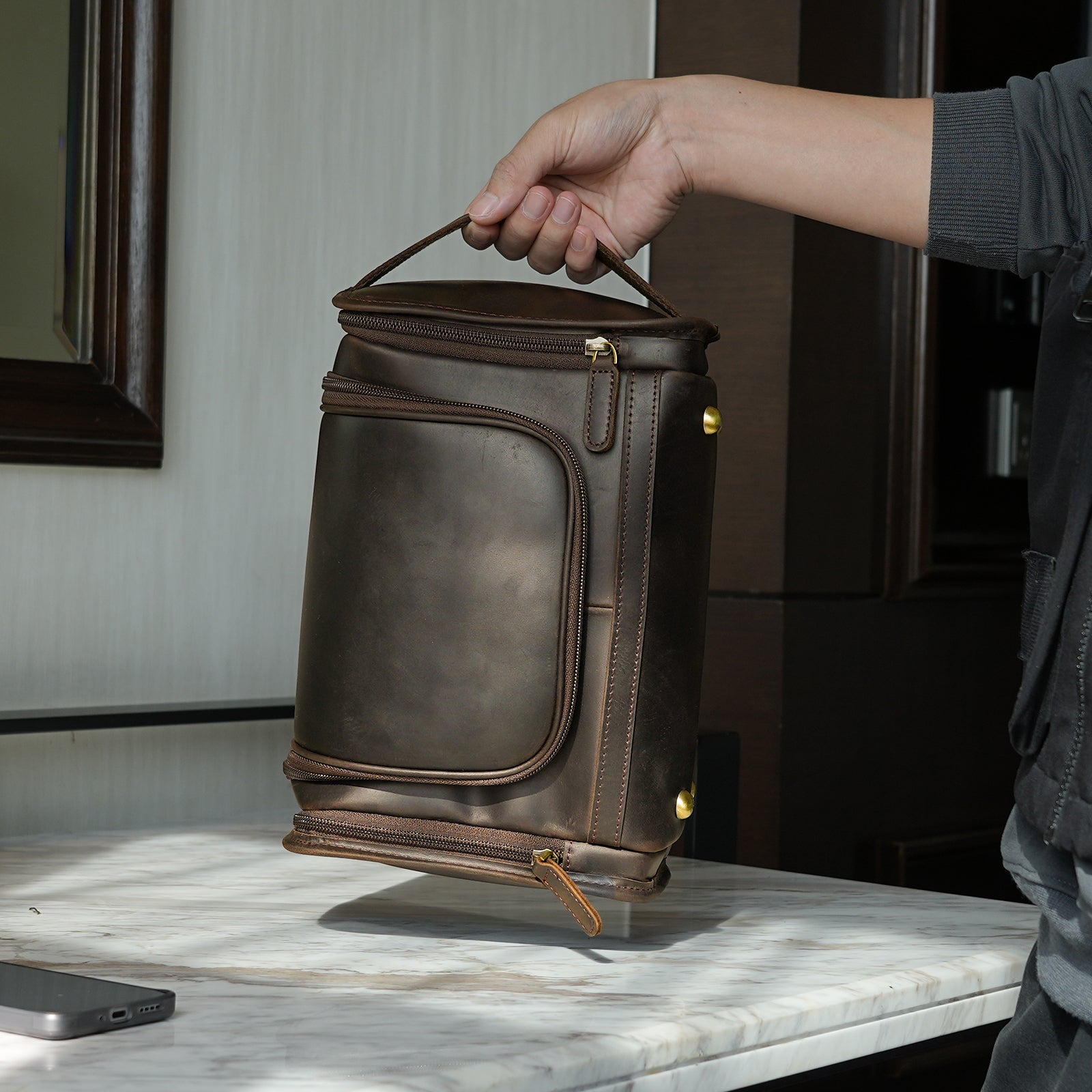 Full Grain Leather Toiletry Dopp Kit Cosmetic Bag with Hanging Hook (Model Display)