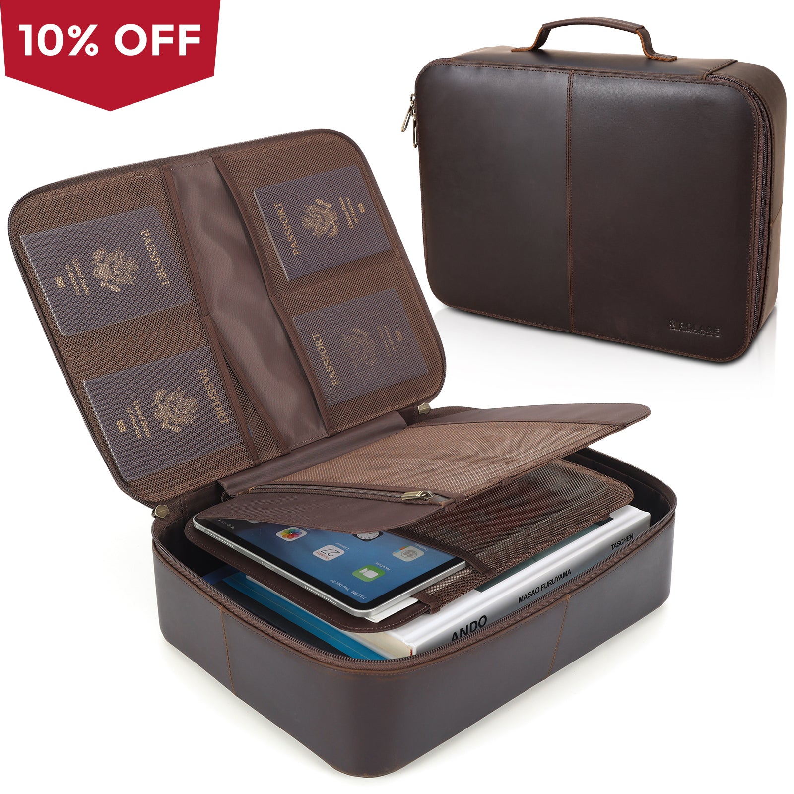 Polare Full Grain Leather Document Organizer Bag Storage Cabinet Box Portable Home Business Safe Folder with Lockable YKK Zipper