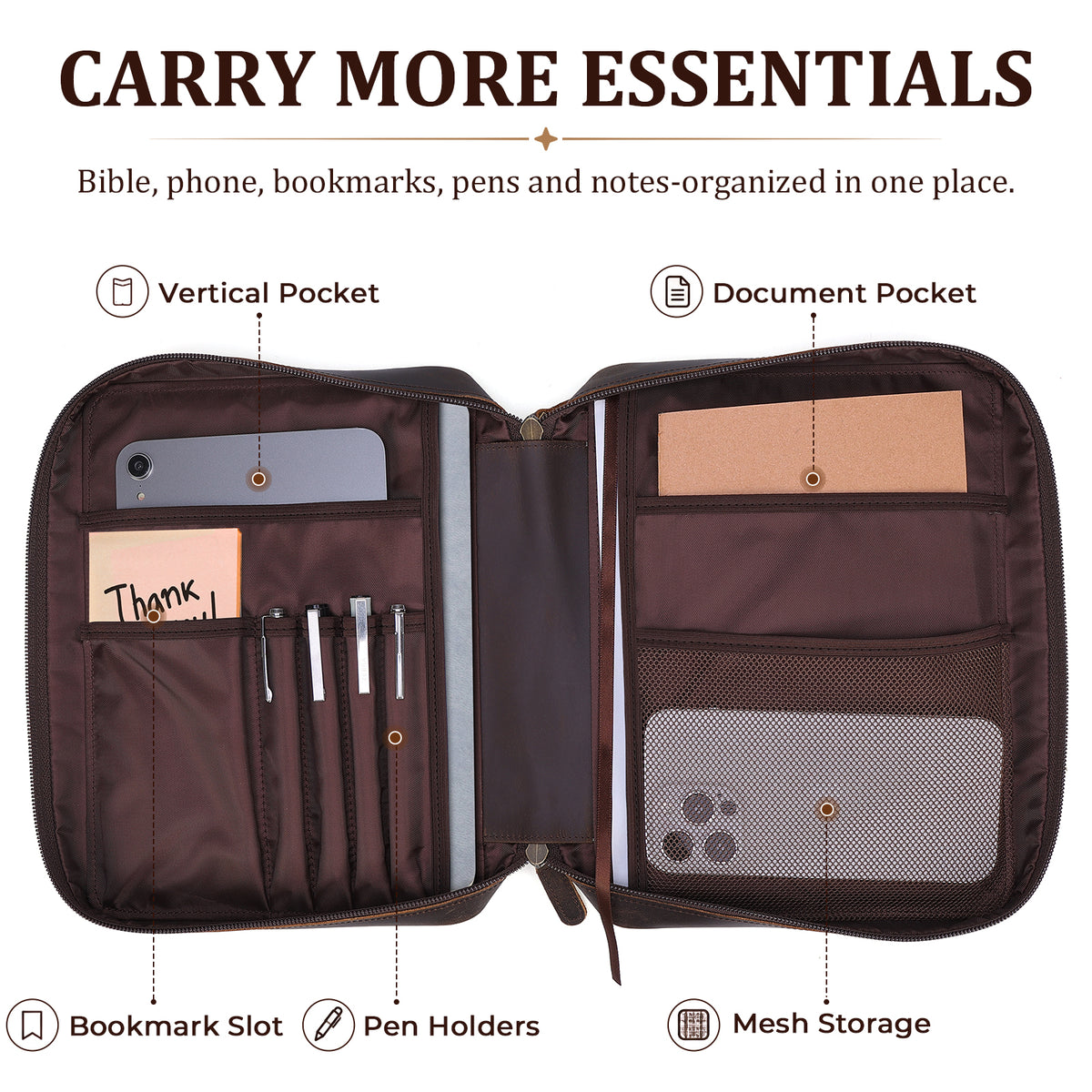 Leather Bible Case organized interior pockets pen holders storage