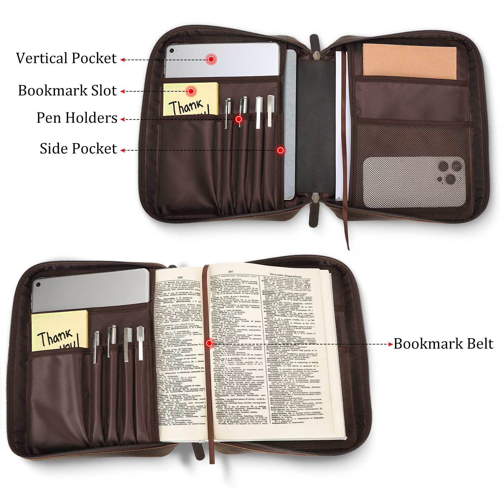 Cowhide Leather Bible Cover Church Bag Bible Protective Book Holder (Interior view of the Bible bag)