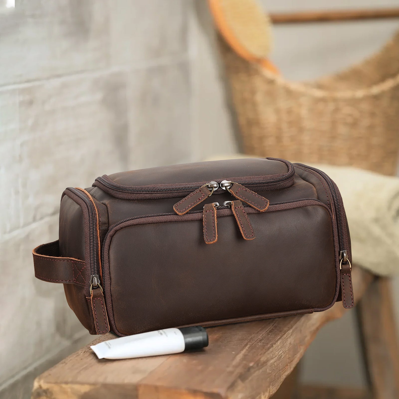 Leather Travel Toiletry Bag Hanging Makeup Cosmetic Wash Case