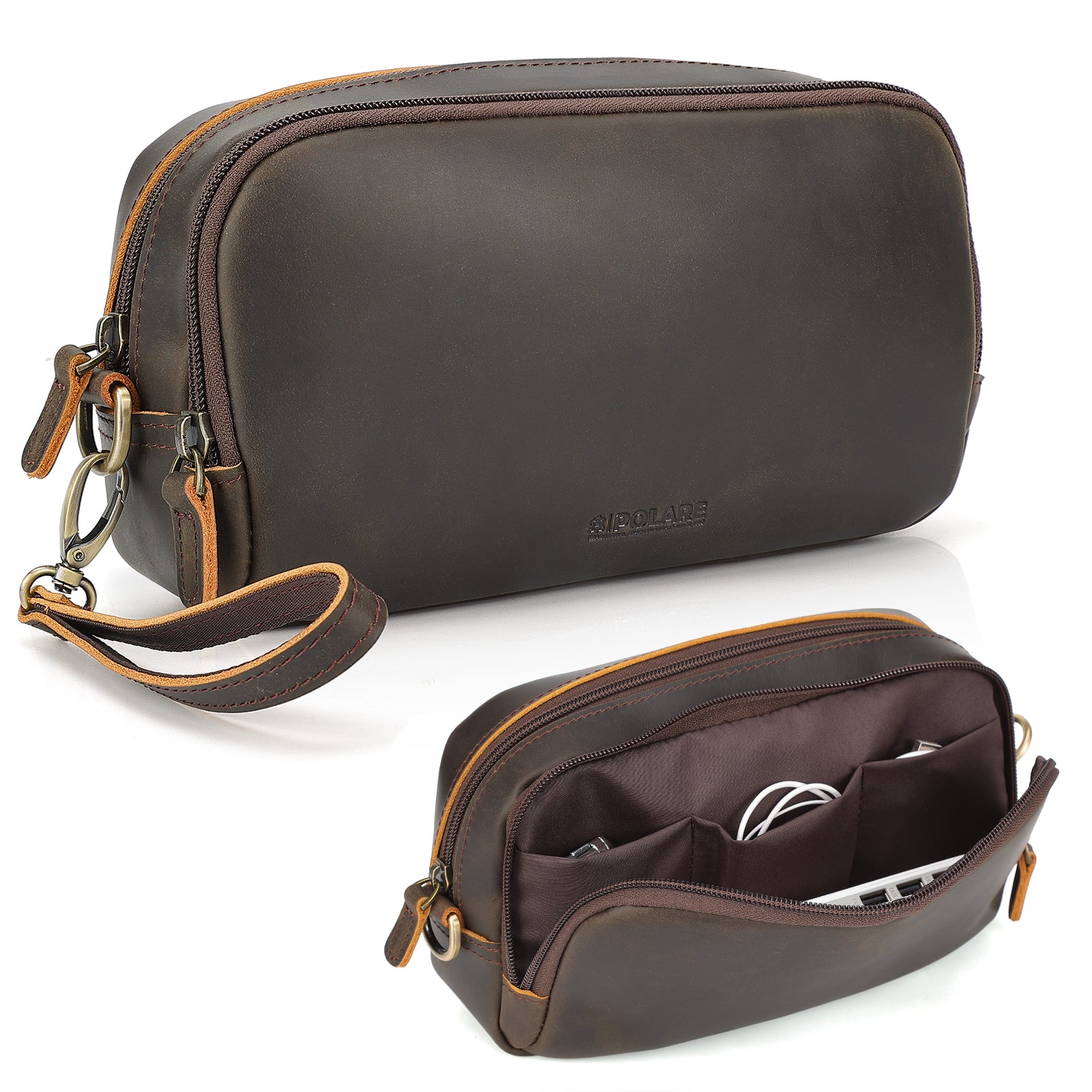 Leather Travel Electronics Organizer Case Cable Storage Carry Bag 