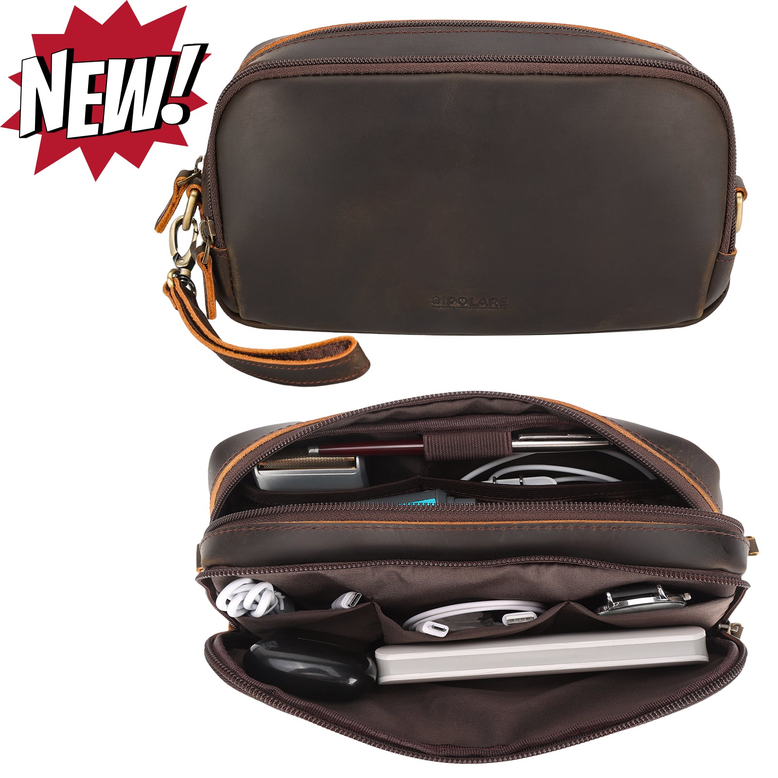Leather Travel Electronics Organizer Case Cable Storage Carry Bag 