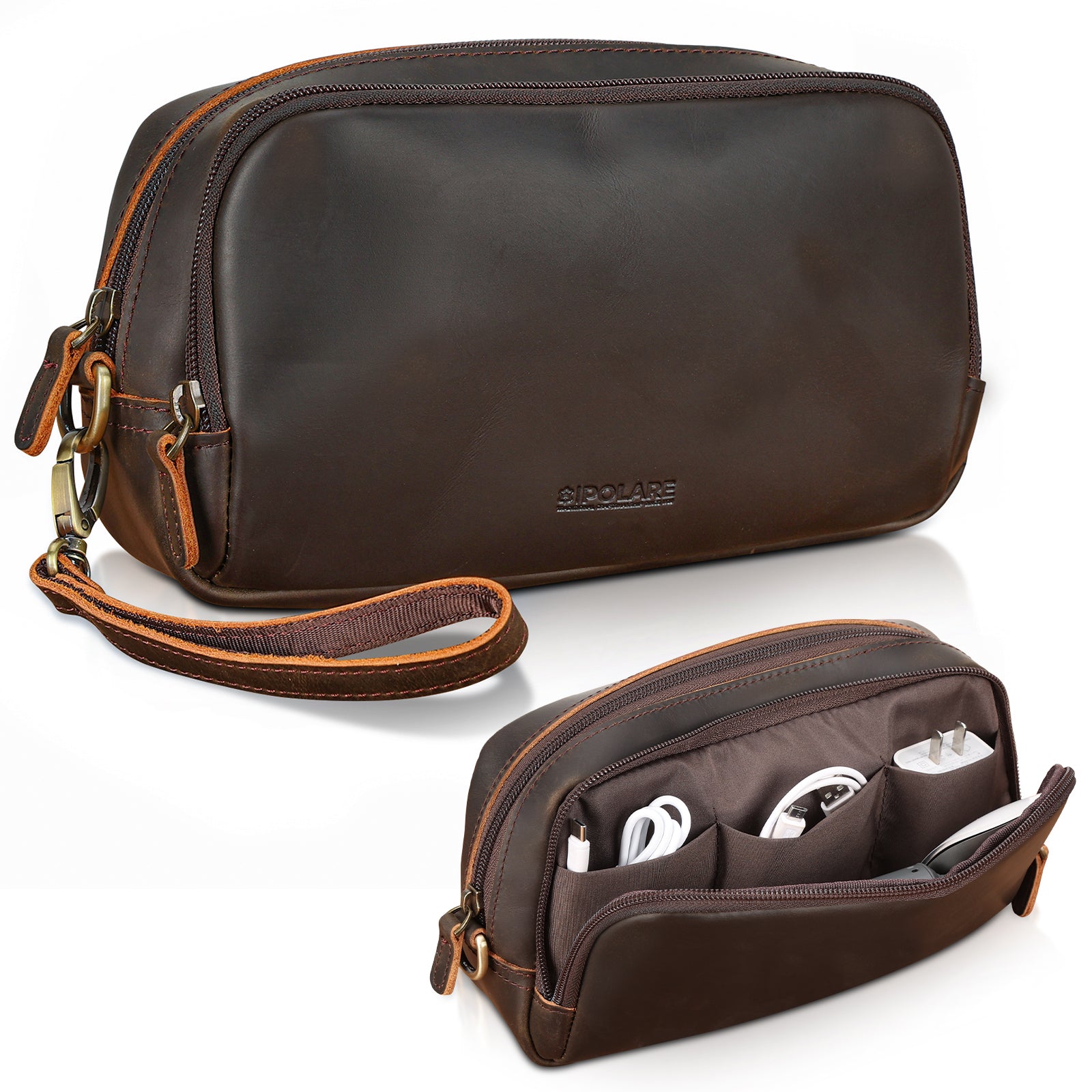 Leather Travel Electronics Organizer Case Cable Storage Carry Bag 