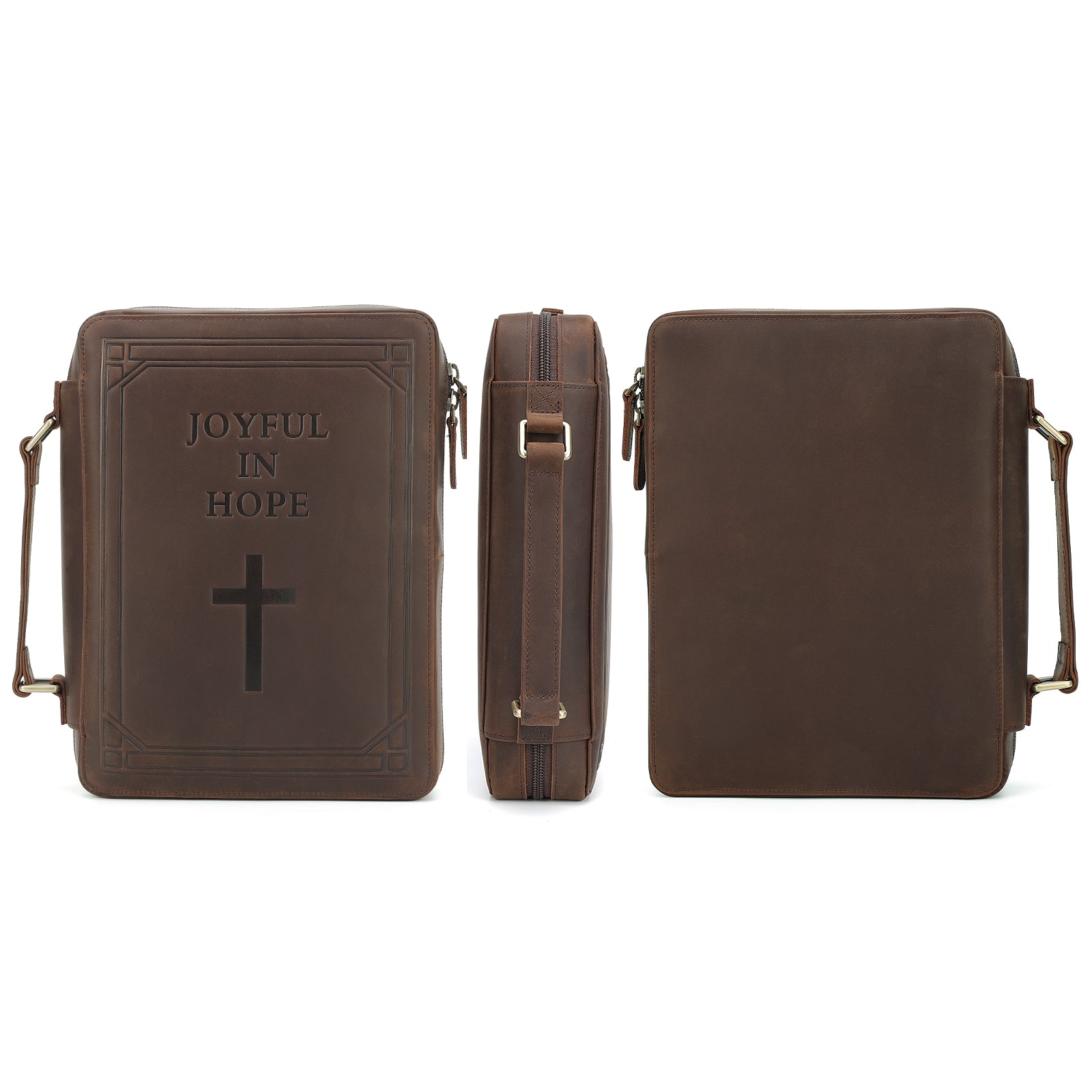 Full Grain Leather Bible Cover Church Bag (Front/Profile/Back)
