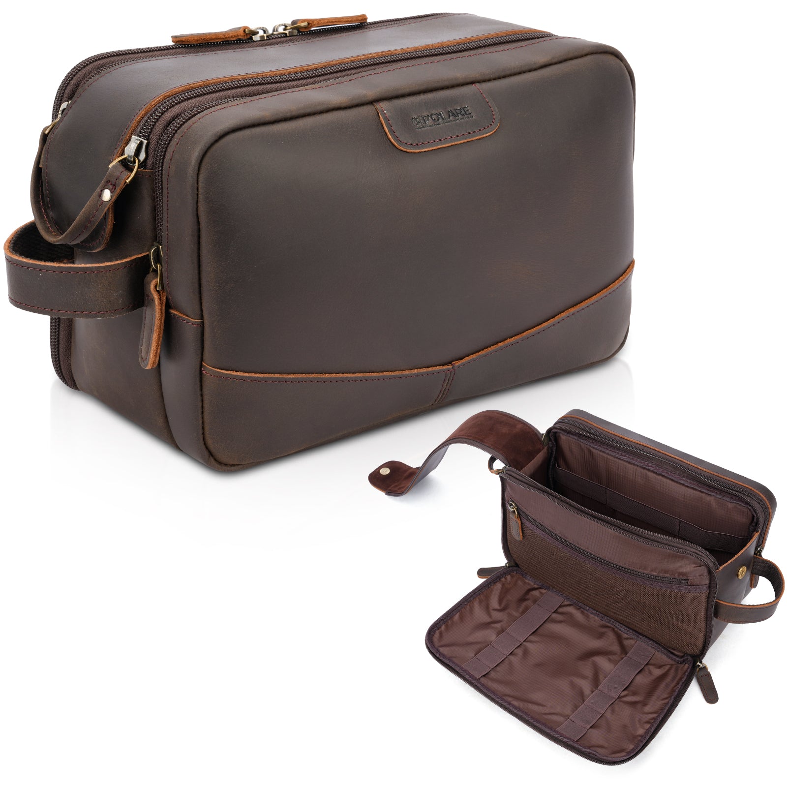 Full Grain Leather Toiletry Bag for Men, Portable Travel Dopp Kit with Multiple Compartments for Shaving and Grooming