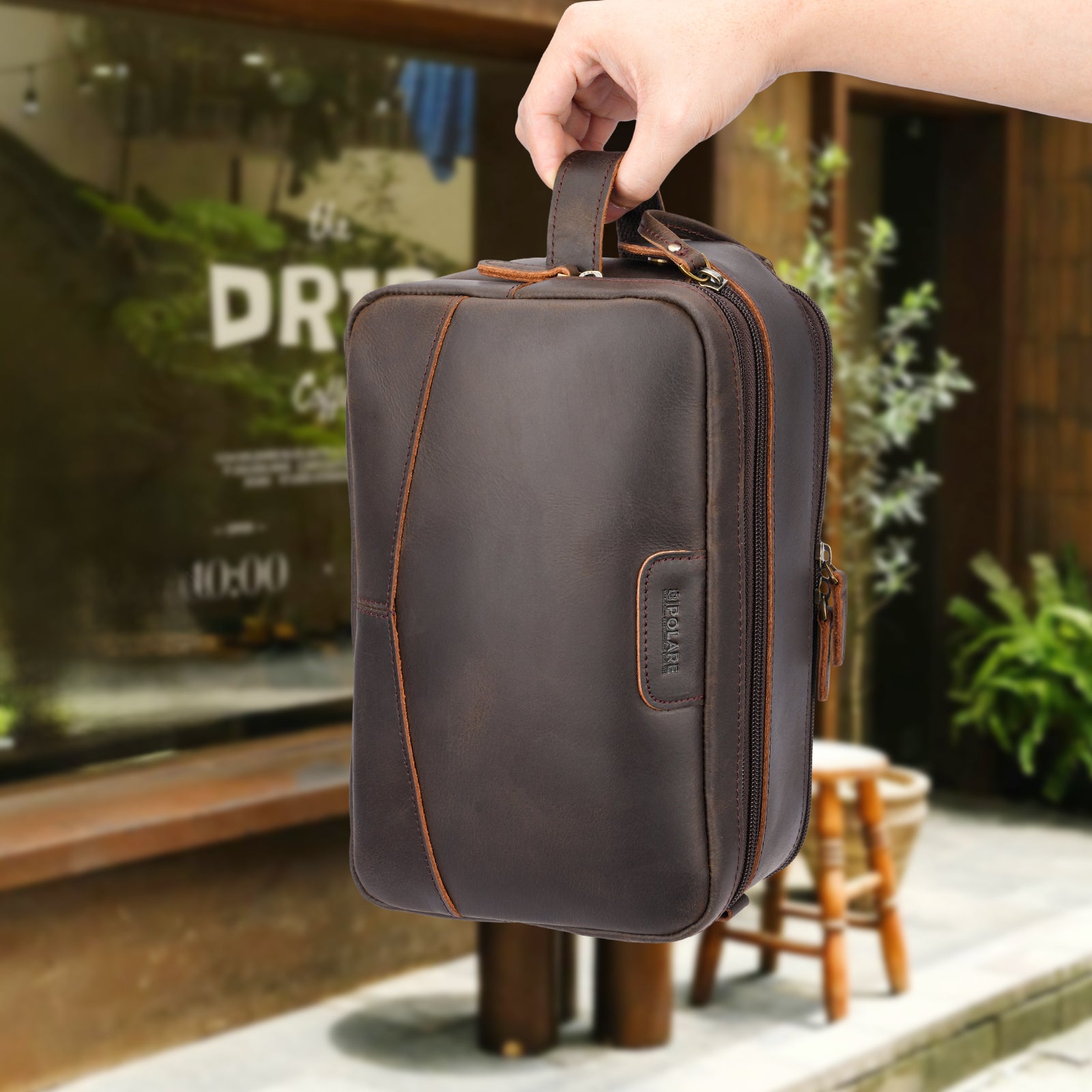Full Grain Leather Toiletry Bag for Men, Portable Travel Dopp Kit Grooming Organizer