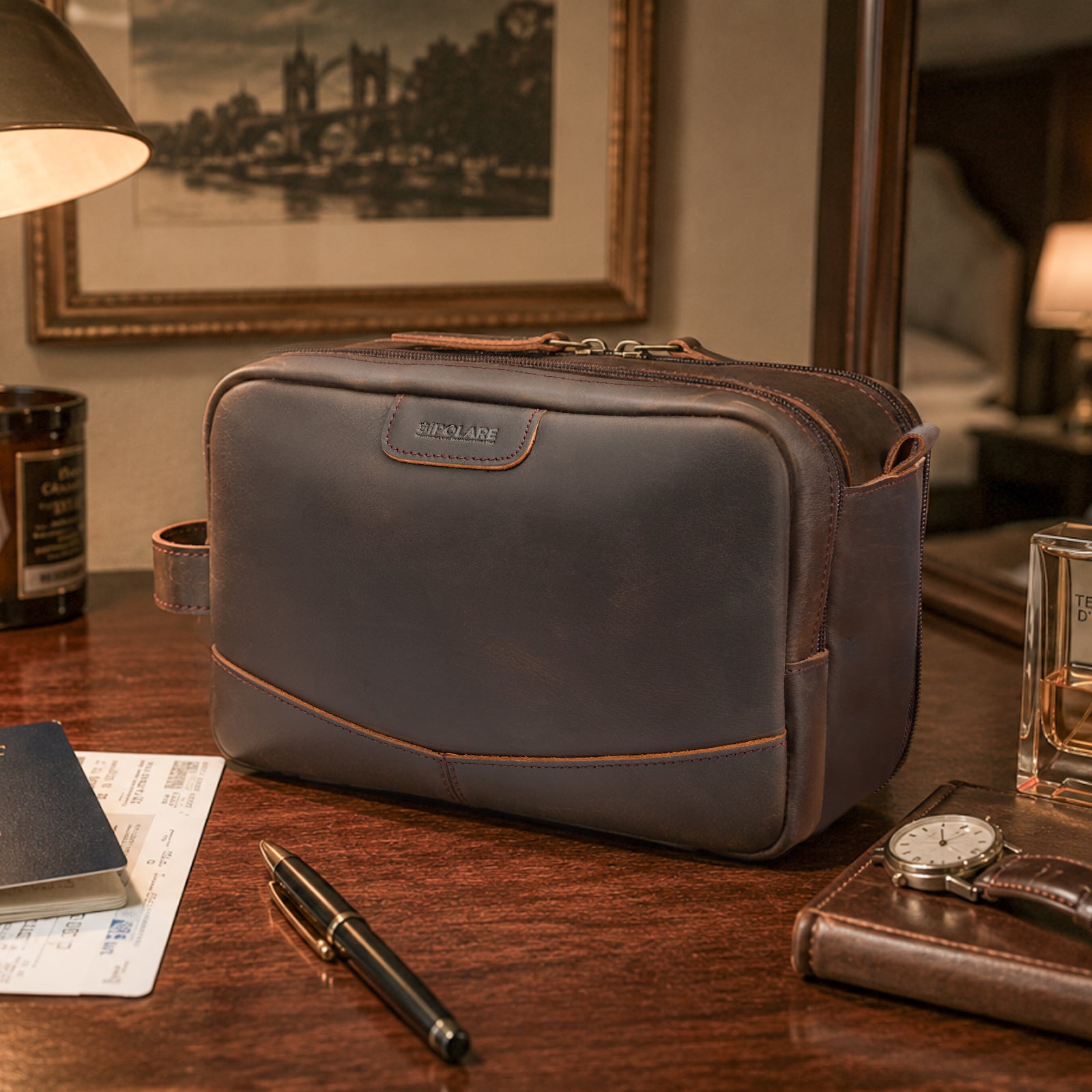 Full Grain Leather Toiletry Bag for Men, Portable Travel Dopp Kit Travel Essentials