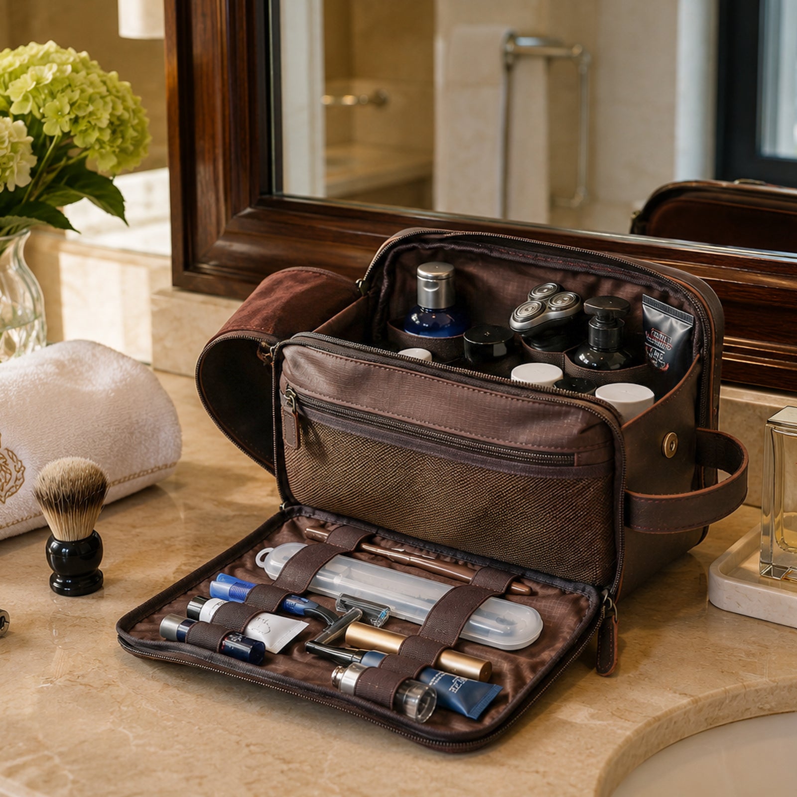 Full Grain Leather Toiletry Bag for Men, Portable Travel Dopp Kit Grooming Organizer