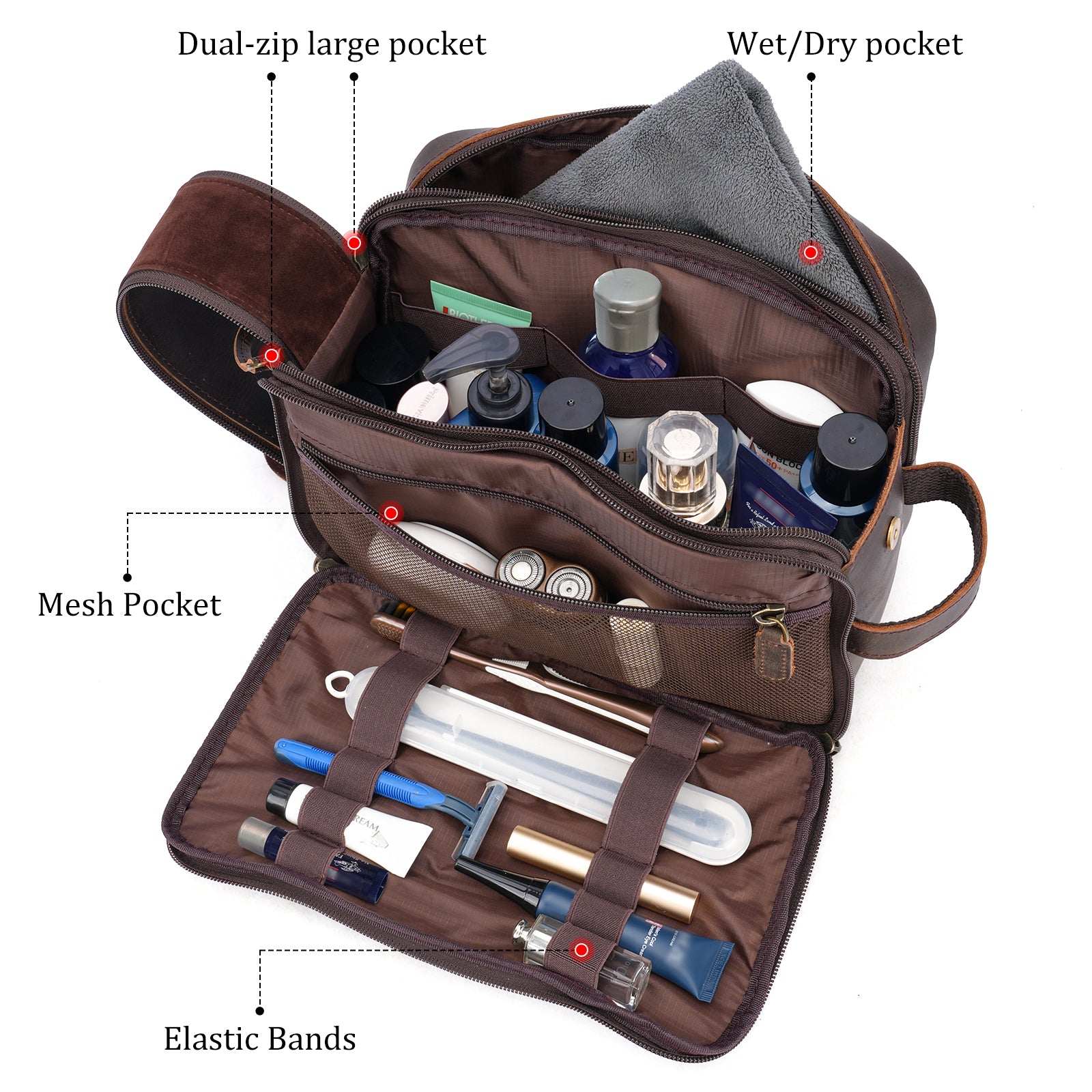 Full Grain Leather Toiletry Bag for Men, Portable Travel Dopp Kit Waterproof Bag