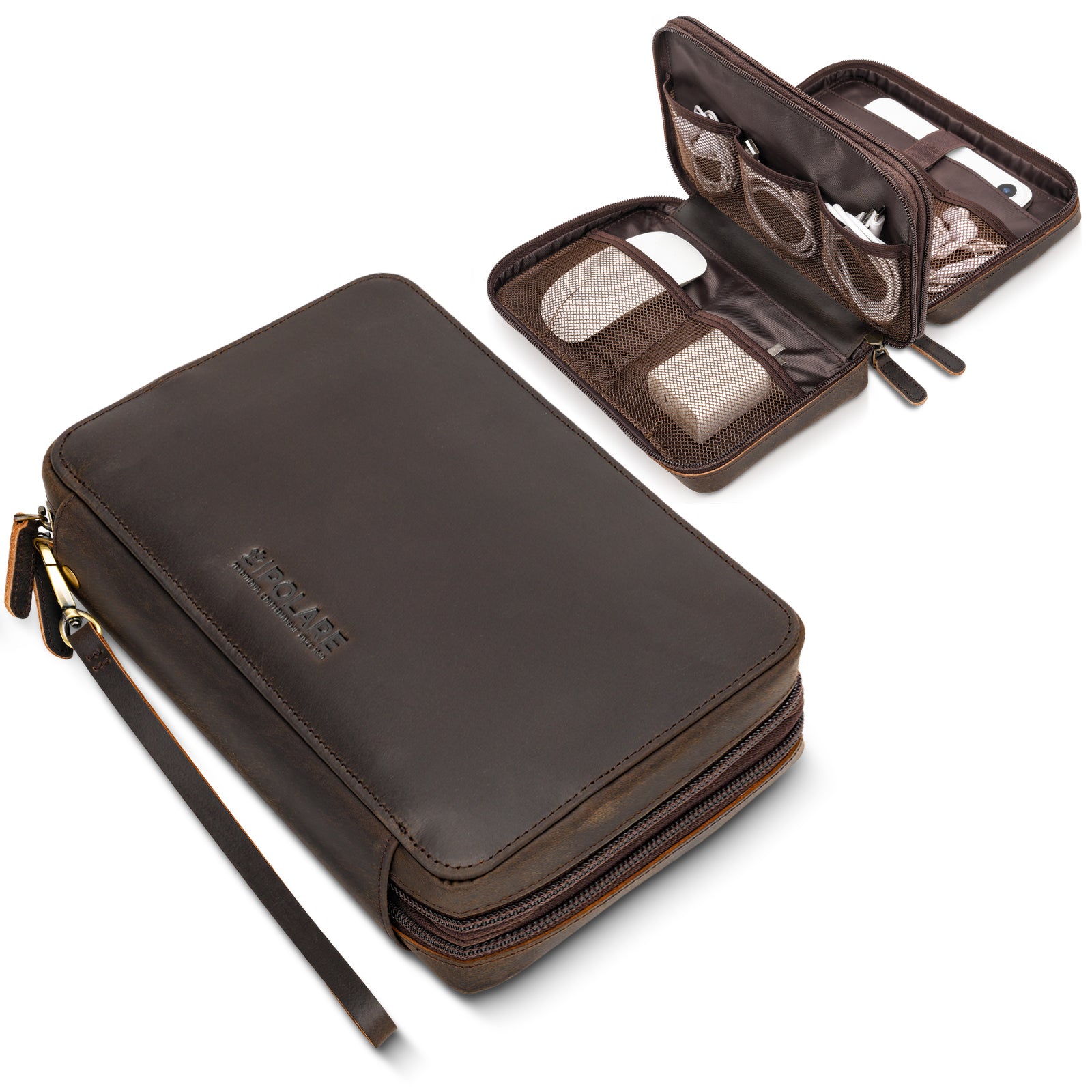Full Grain Leather Double Layers Cable Organizer Travel Case for Business Travel Accessories