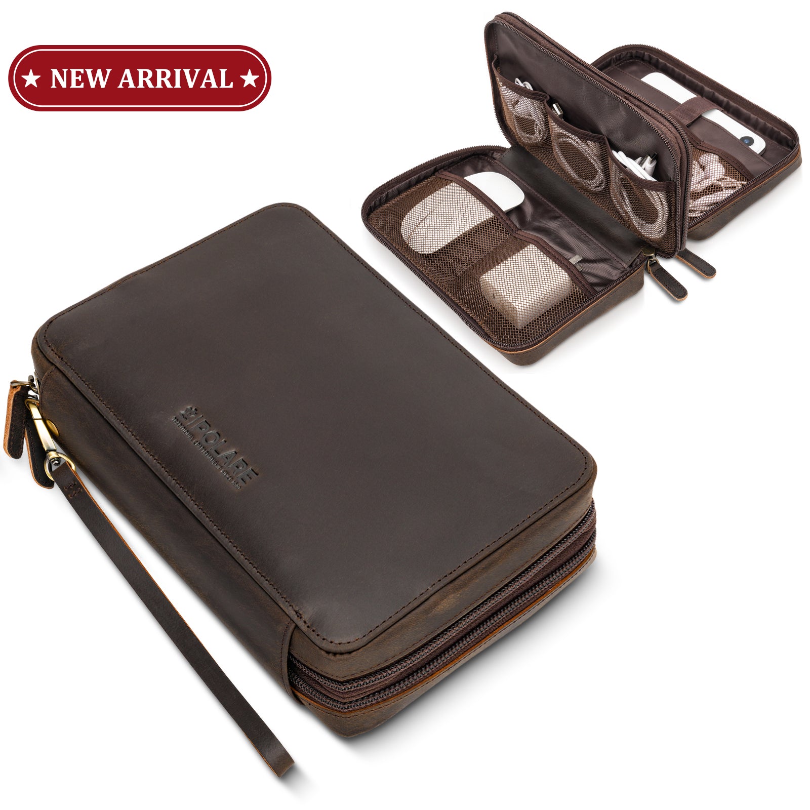 Polare Full Grain Leather Cable Organizer Travel Case Double Layers Electronics Accessories Carry Bag with YKK Zippers All-in-One Tech Storage Pouch for Cords, Power Bank, USB, Charger
