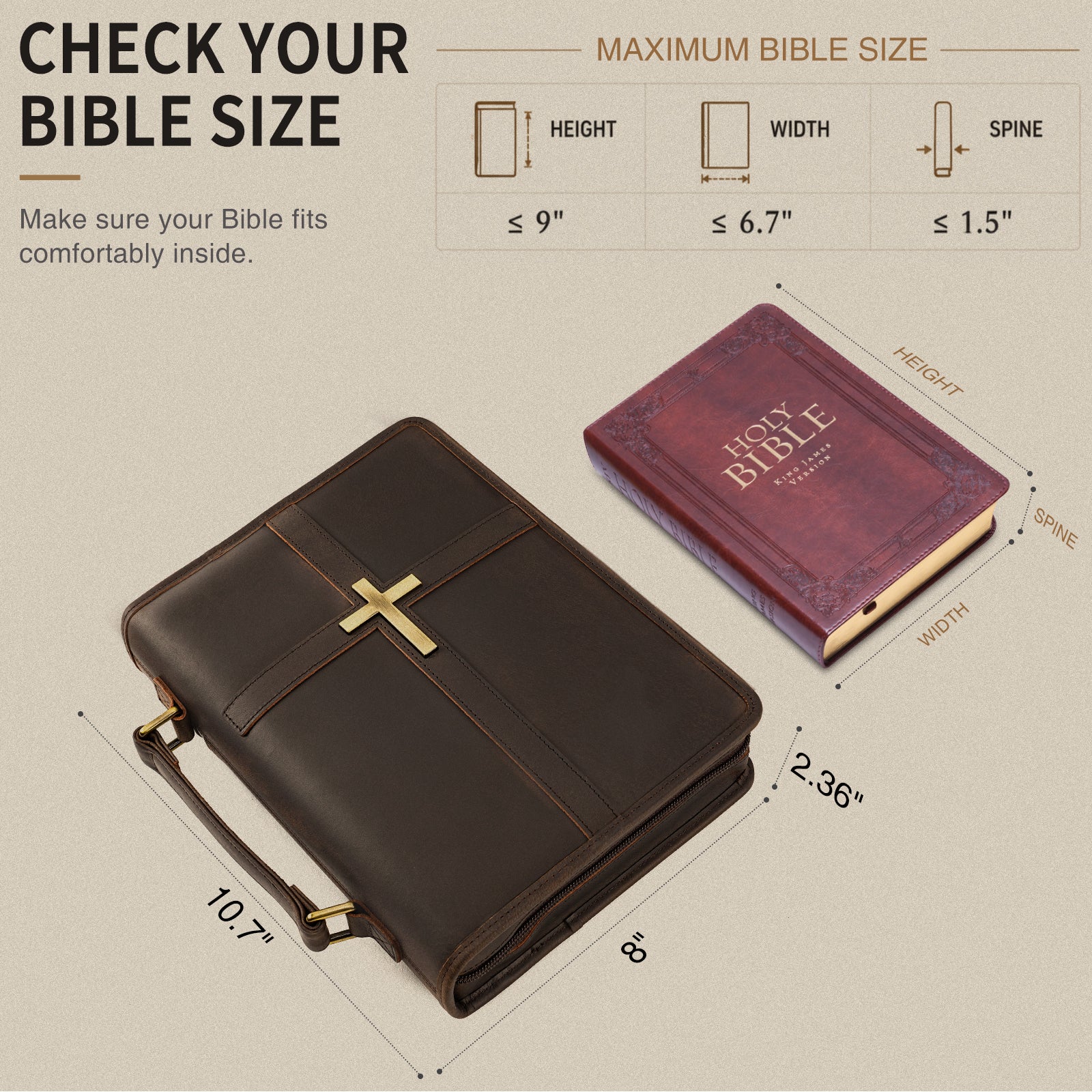 Leather Bible Cover with Cross fits most standard size Bibles