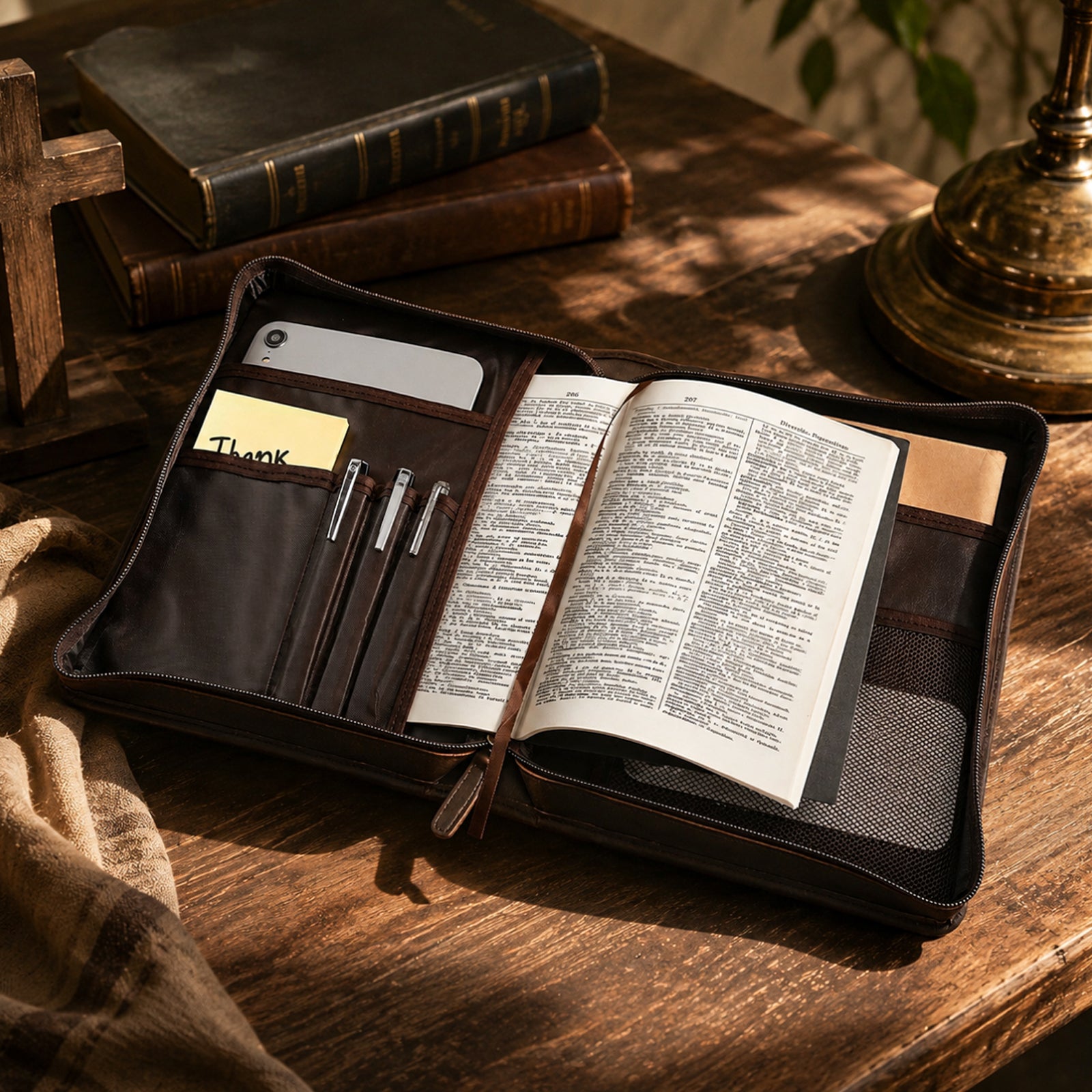 Leather Bible Cover with Cross organized Bible study case