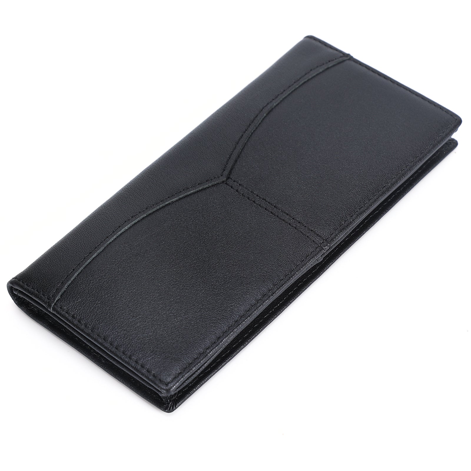 Polare Leather Checkbook Holder Long Bifold Wallet (Black)