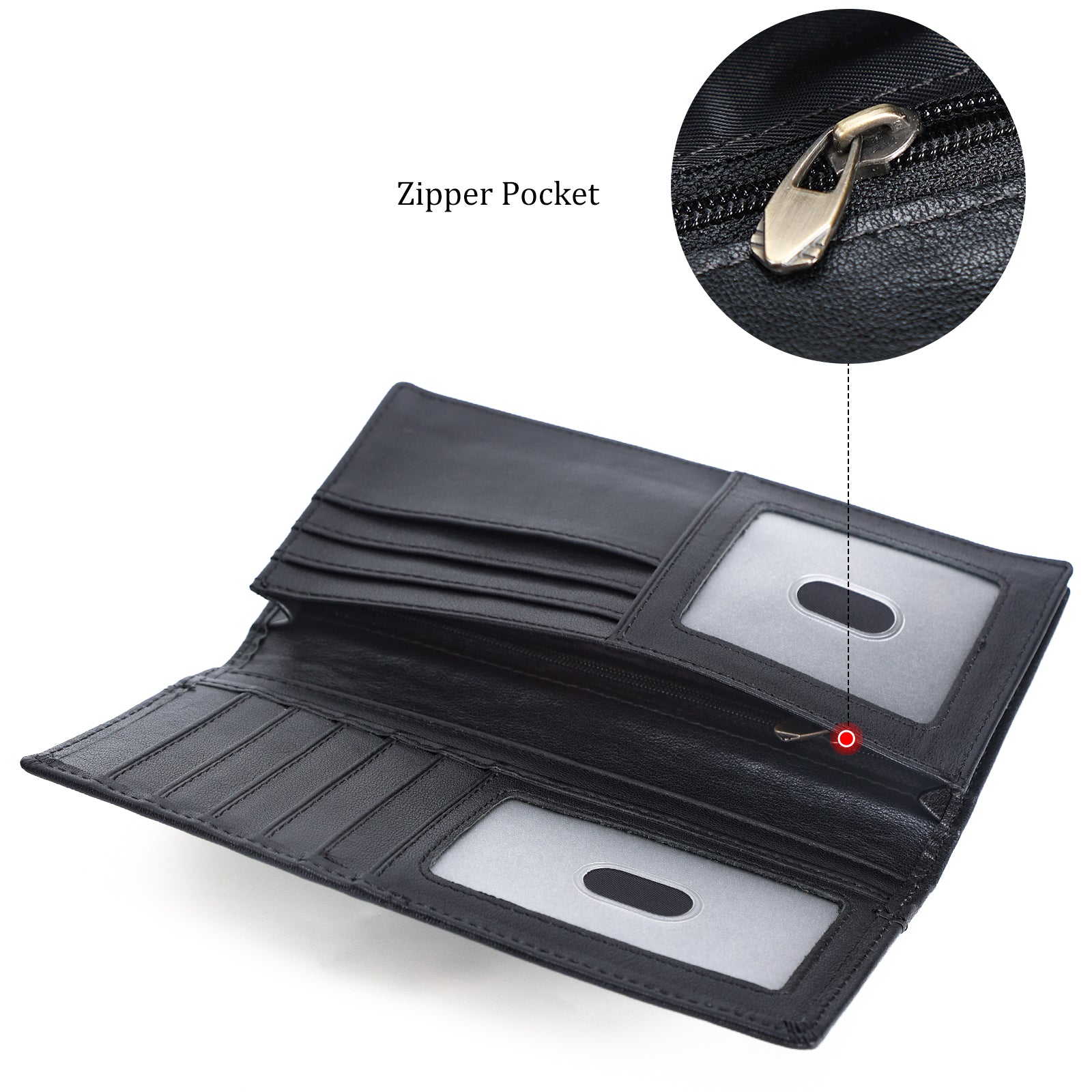 Polare Leather Checkbook Holder Long Bifold Wallet (Black,Inside)