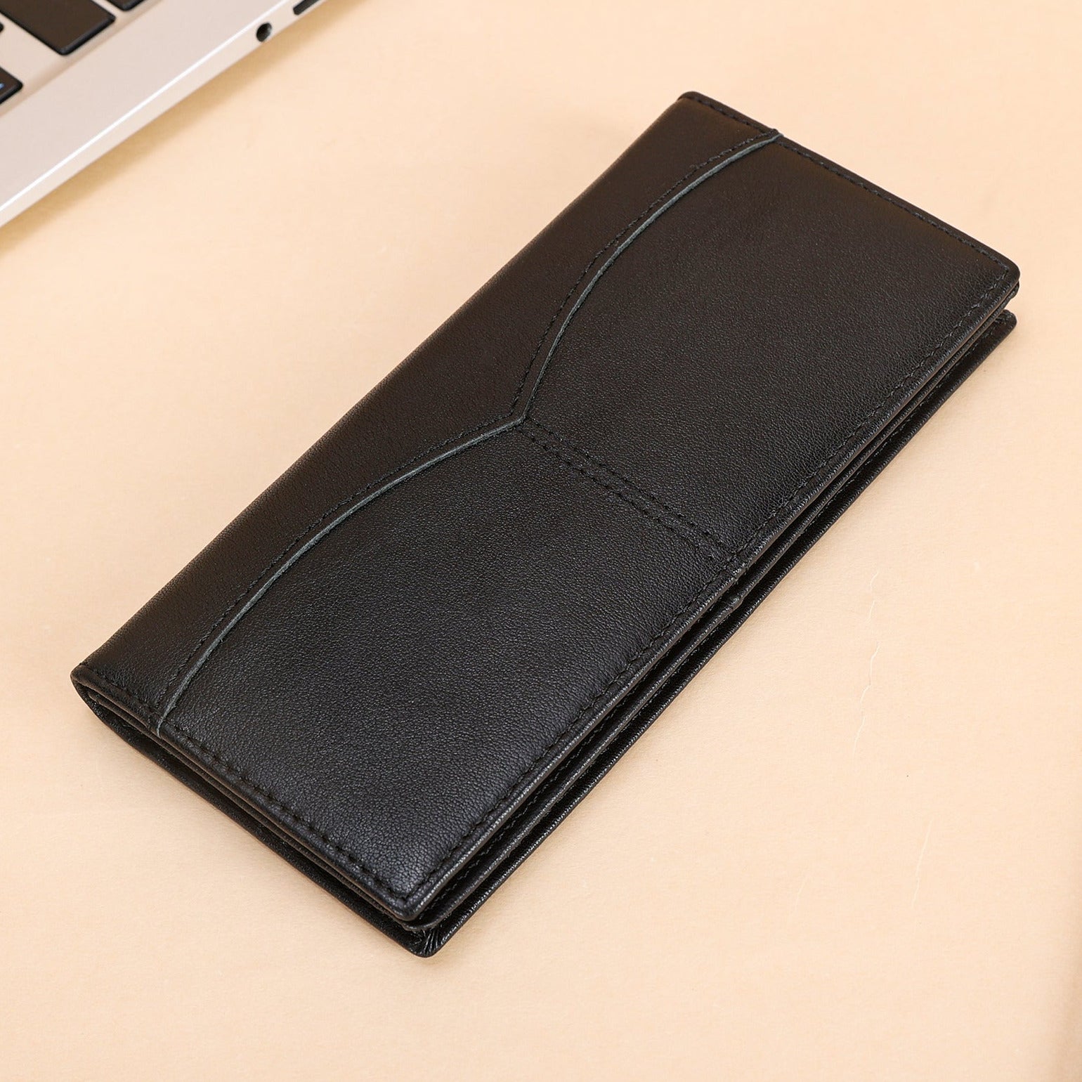 Polare Leather Checkbook Holder Long Bifold Wallet (Black,Scenario Shows)