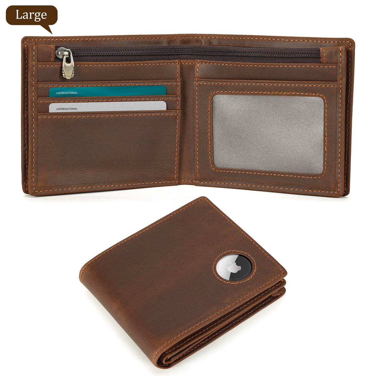 Full Grain Leather Bifold Wallet with AirTag Slot large size wallet with extra storage