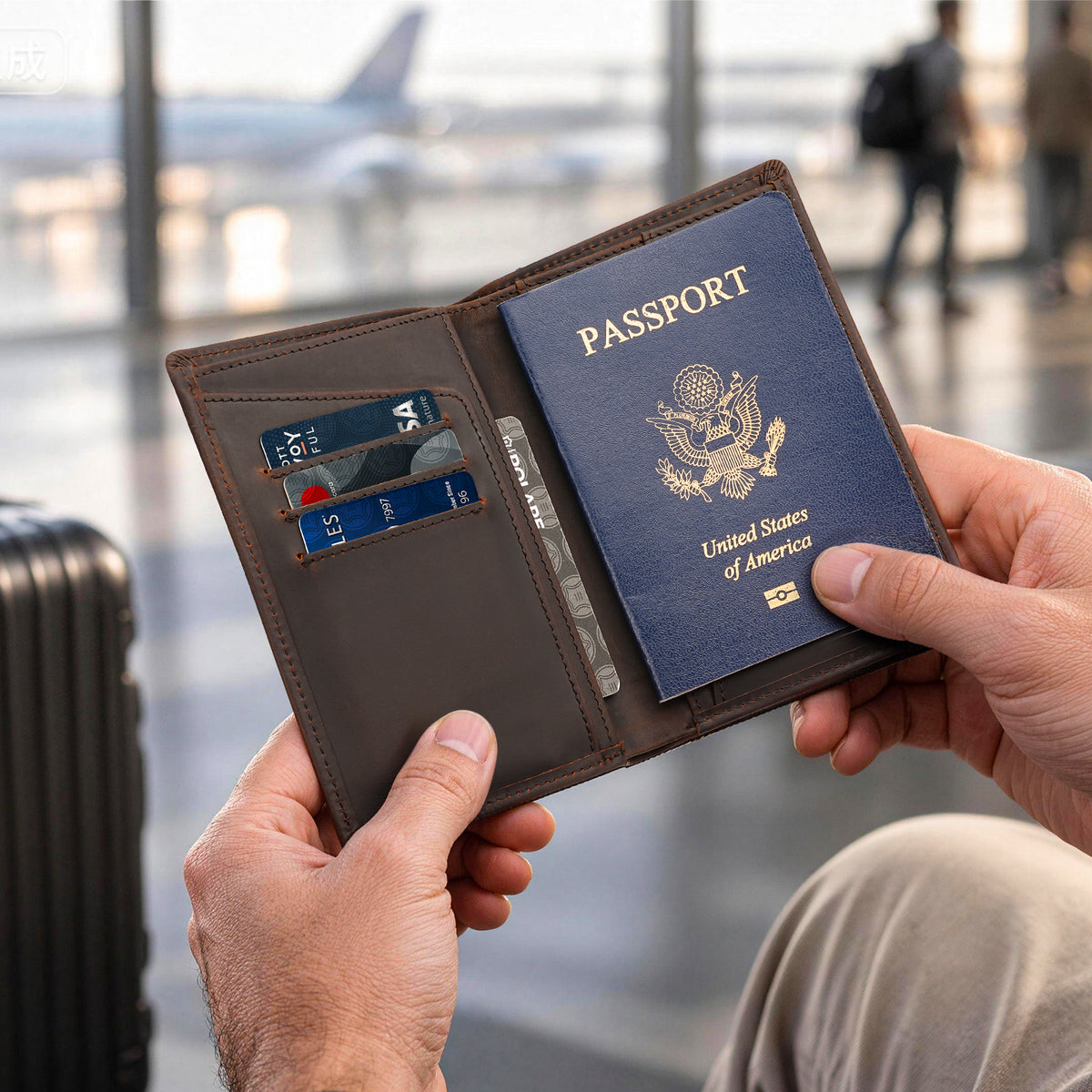 Leather Passport Wallet for Airport Travel and Business Trips
