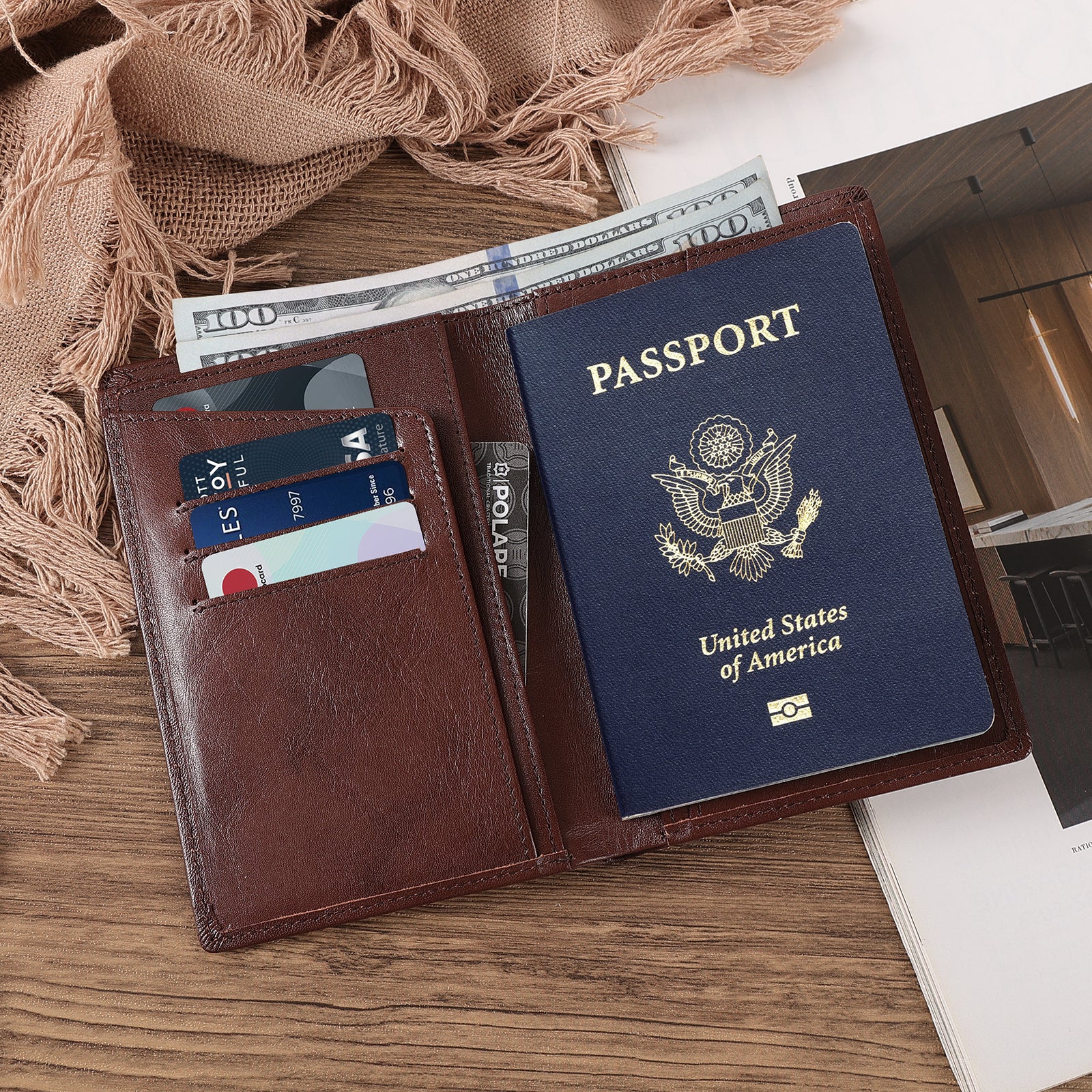 Polare RFID Blocking Leather Passport Holder Travel Bifold Wallet (inside)