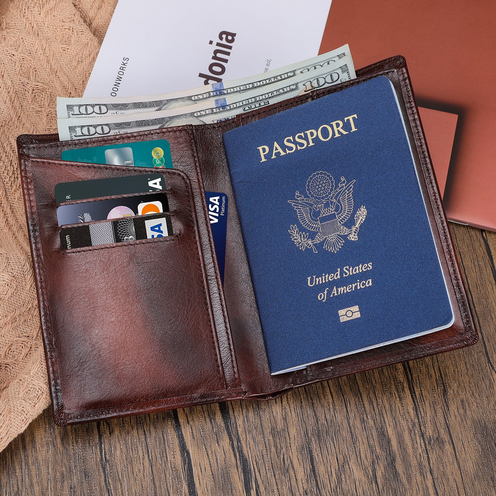 Polare RFID Blocking Leather Passport Holder Travel Bifold Wallet (Coffee,Scenario Shows)