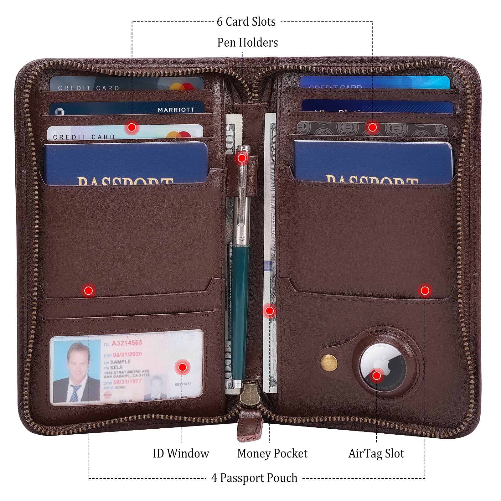 Full Grain Leather Family Travel Passport Wallet AirTag Slot (Coffee,Inside)