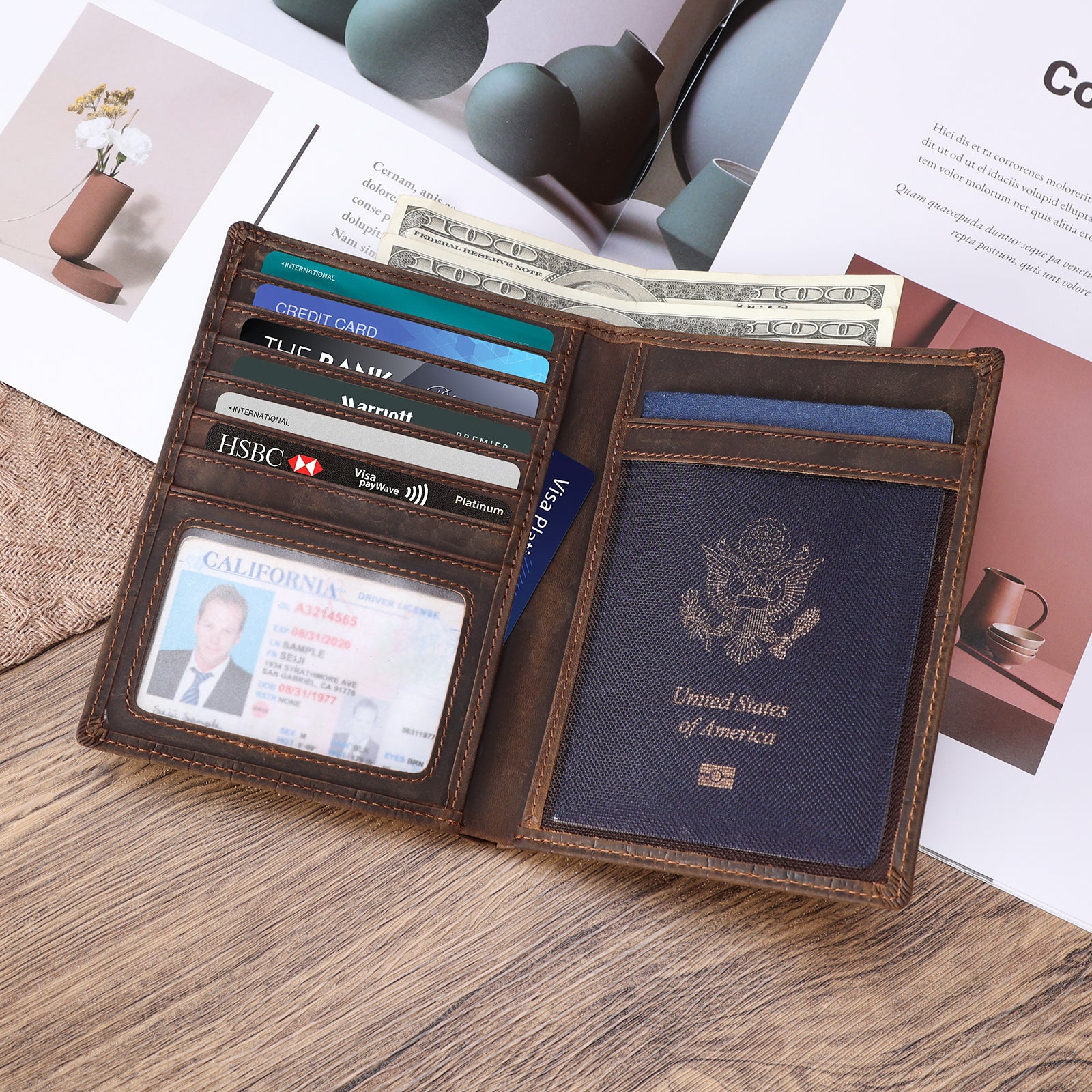 Polare RFID Blocking Leather Passport Holder Travel Bifold Wallet (Crocodile Dark Brown)