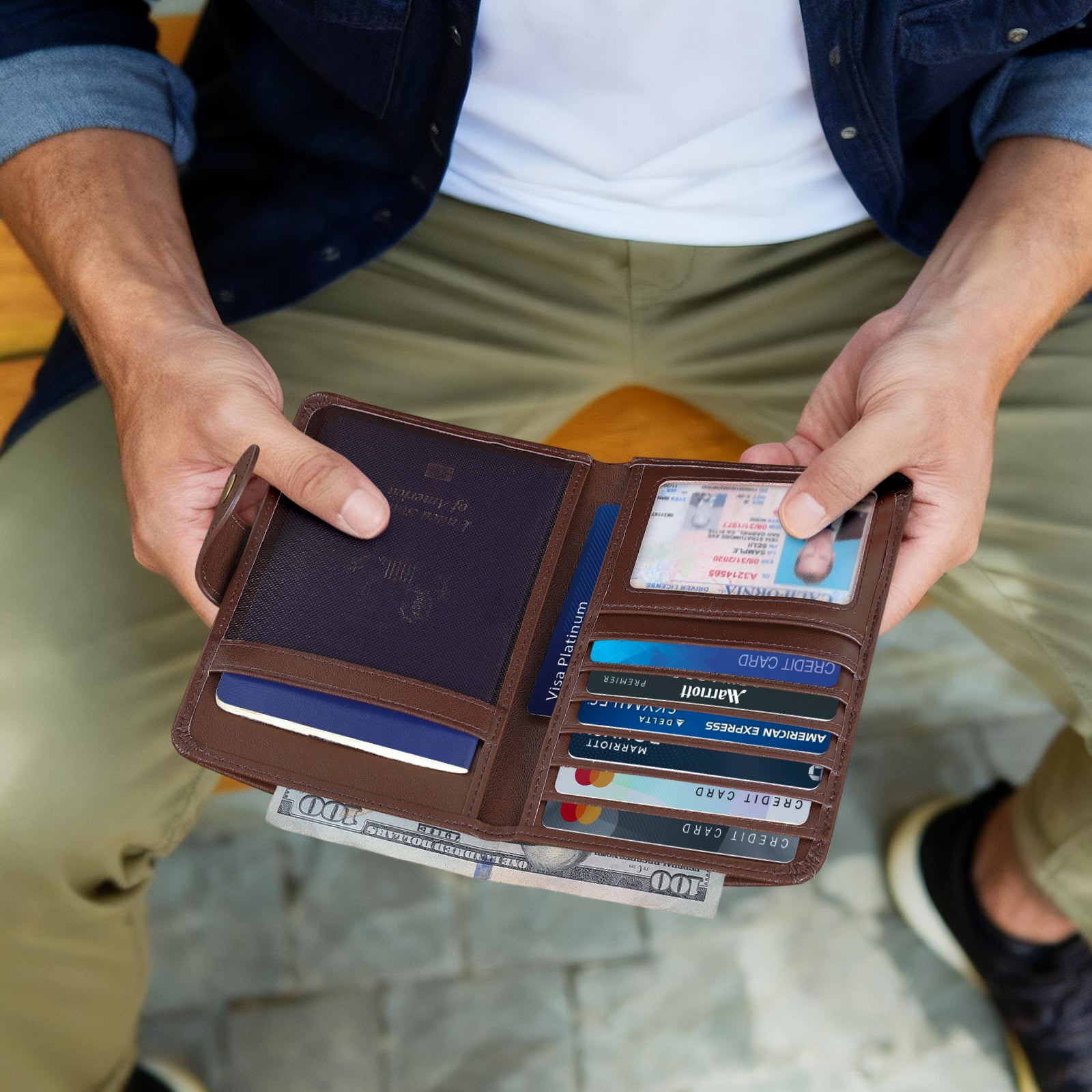 Luxury RFID Blocking Leather Passport Holder with AirTag Slot (Coffee,Model Display)