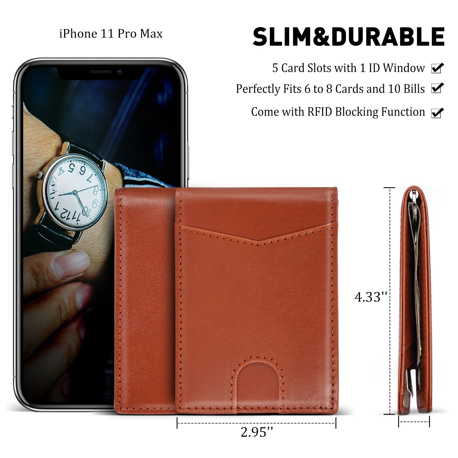 LVCRETIVS Slim Bifold Vegetable Tanned Leather Minimalist Front Pocket Wallets (Coffee,Dimension)