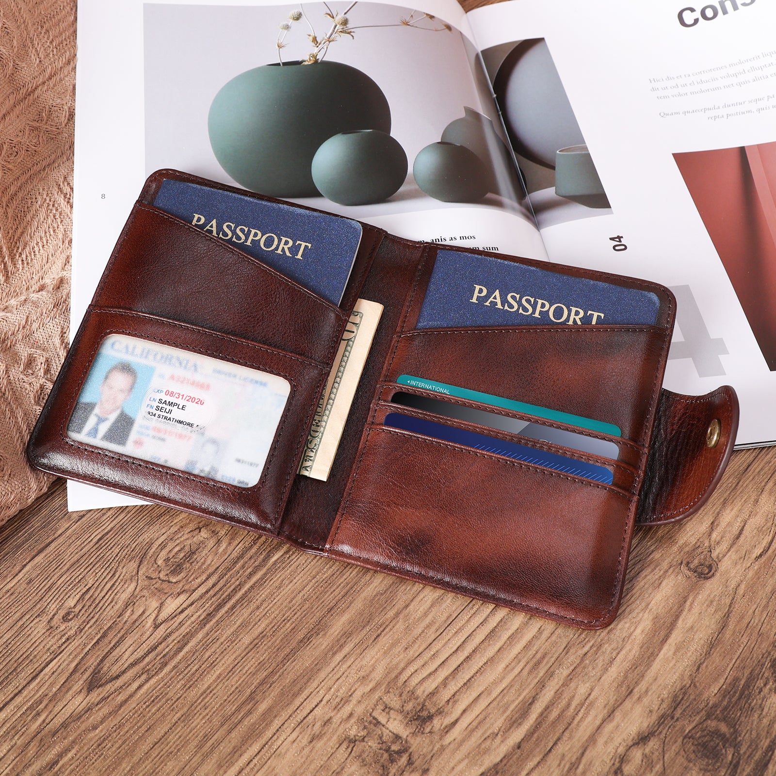 Polare Full Grain Leather Slim and Soft RFID Blocking Passport Wallet (Scenario Shows)