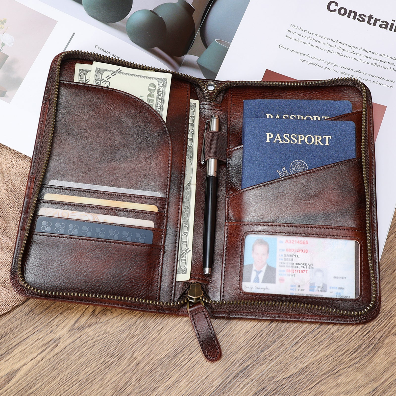 Full Grain Leather Passport Ticket Holder Case Holds 2 Passports (Coffee,Scenario Shows)