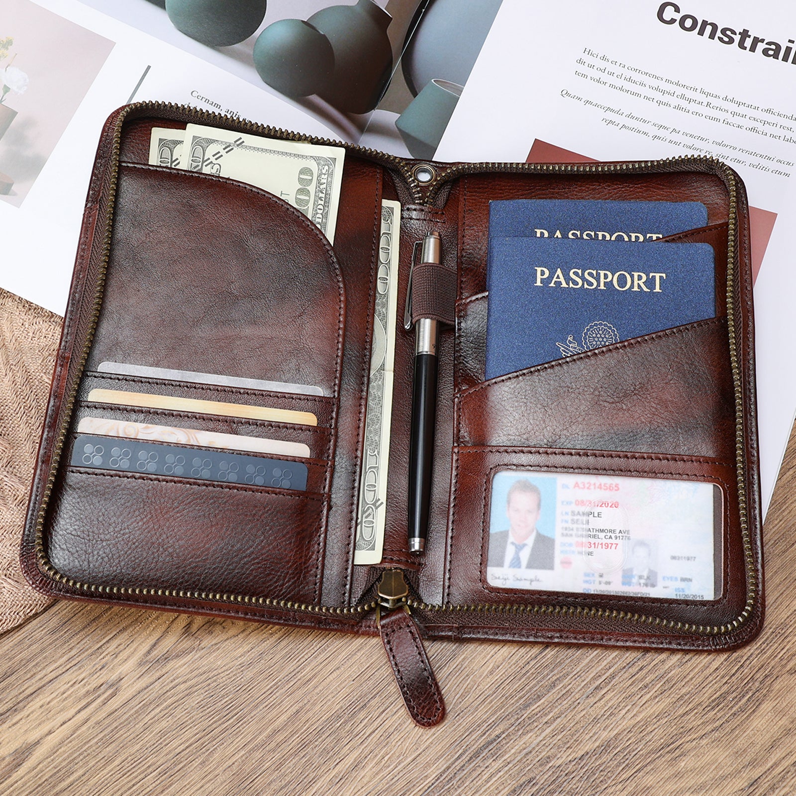 Leather Travel Wallet & Passport Holder: Passport Cover Holds 4 Passports, Credi