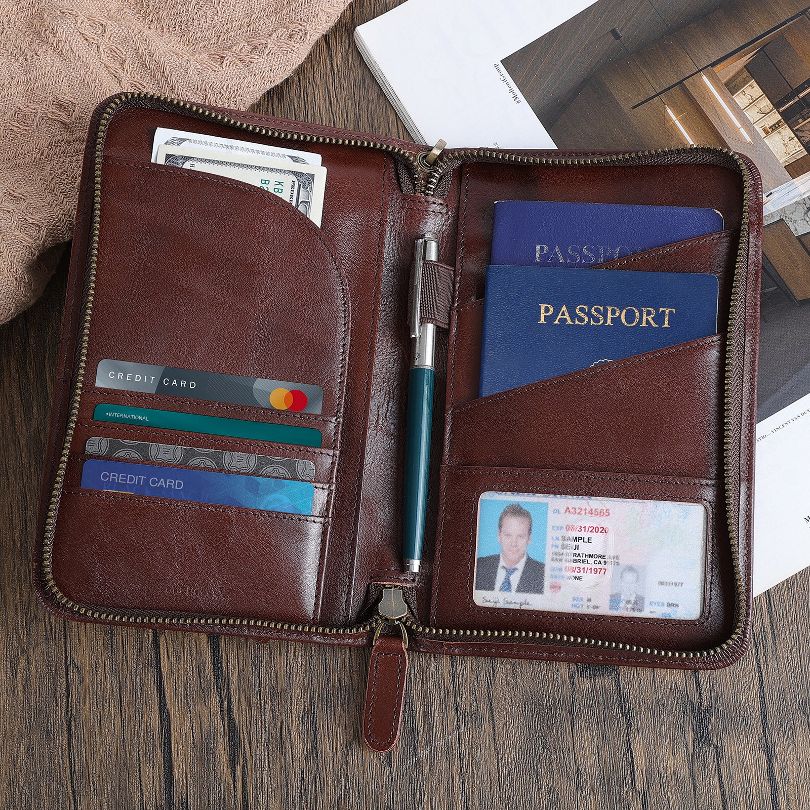 Full Grain Leather Passport Ticket Holder Case Holds 2 Passports (Coffee,Scenario Shows)