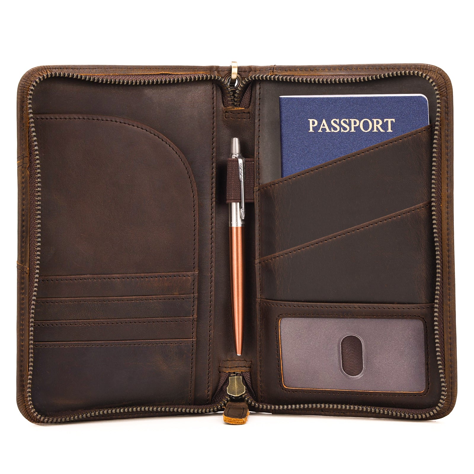 Full Grain Leather Passport Ticket Holder Case Holds 2 Passports (Dark Brown)