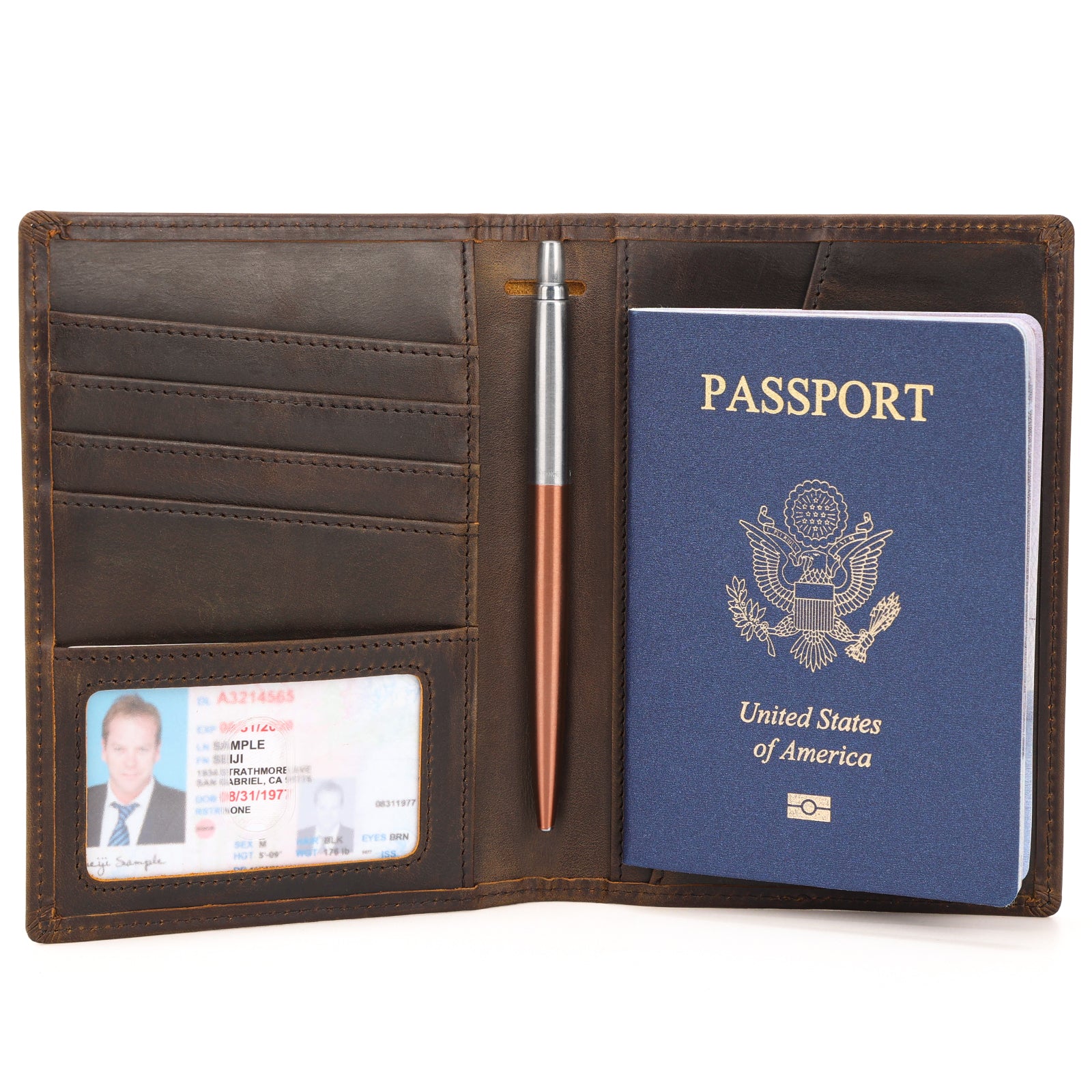 Full Grain Leather Travel Bifold Functional Wallet (Dark Brown)