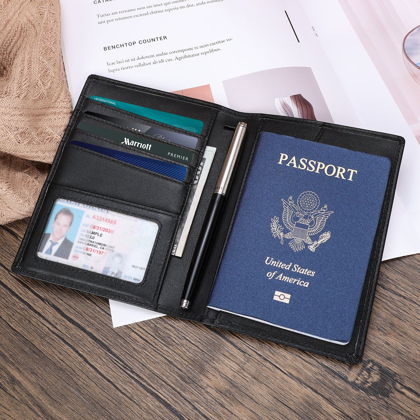 Polare Napa Leather Family Travel Passport Wallet and Documents Organizer  RFID Blocking Case Holder Fits 6 Passports (Black)