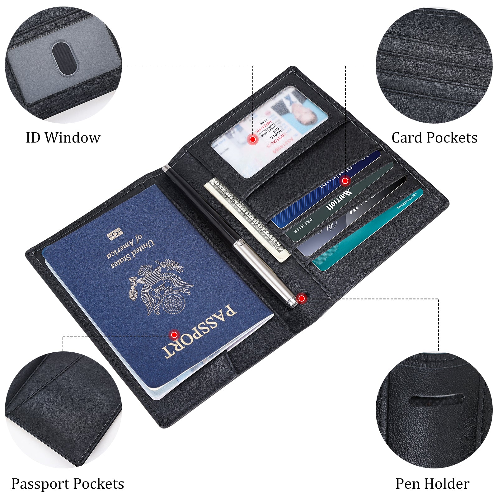 Napa Leather Travel Bifold Functional Wallet (Black,Inside)