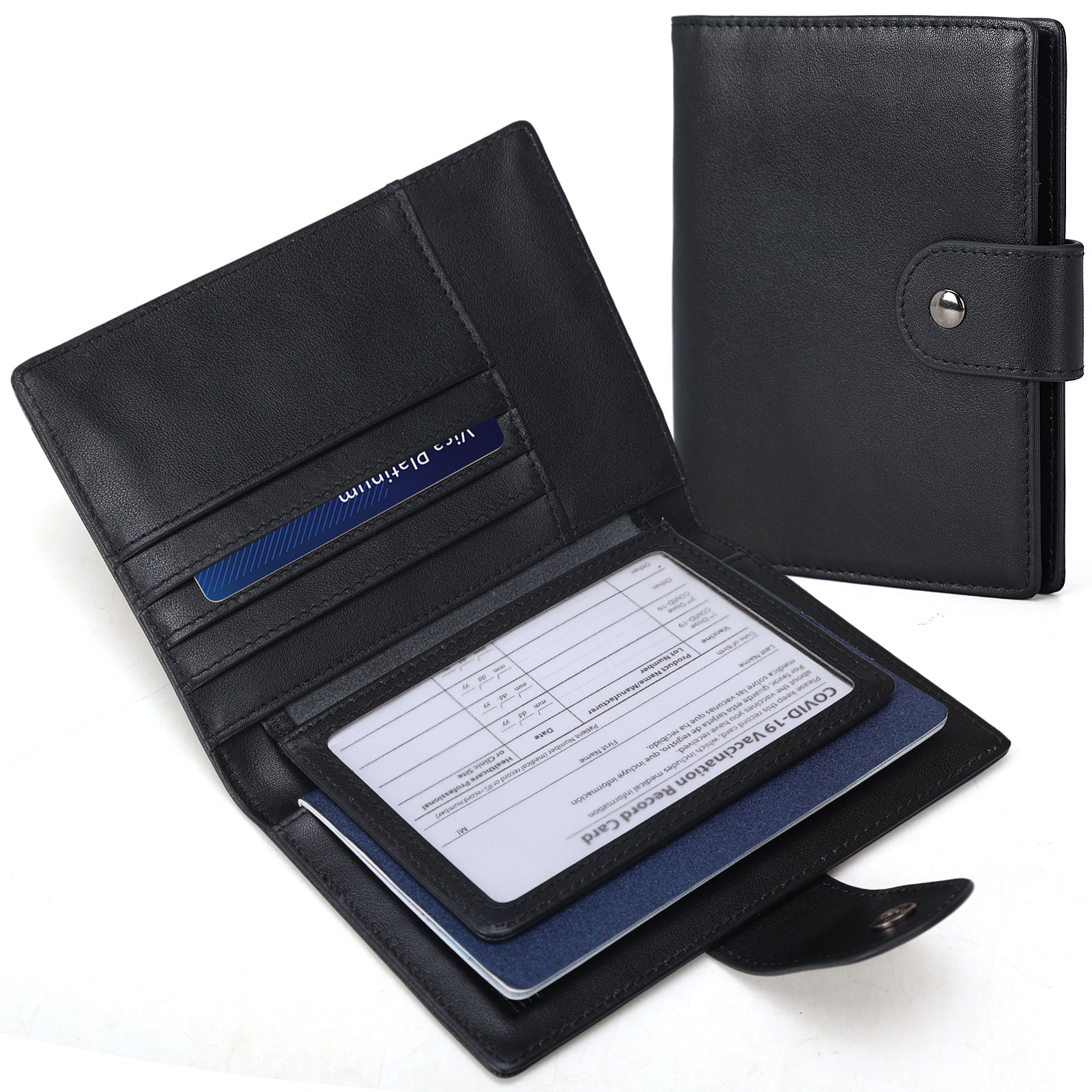 Napa Leather Snap Passport and Vaccine Card Holder (Black)