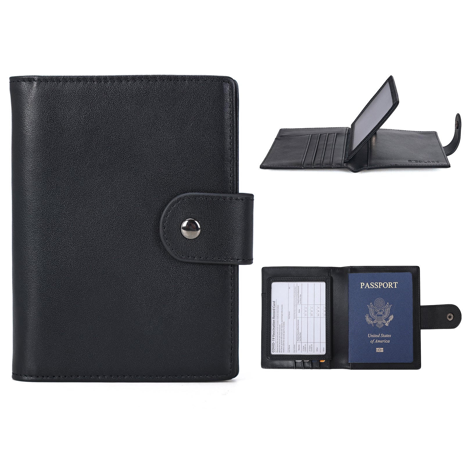 Napa Leather Snap Passport and Vaccine Card Holder (Black,Front/Inside)