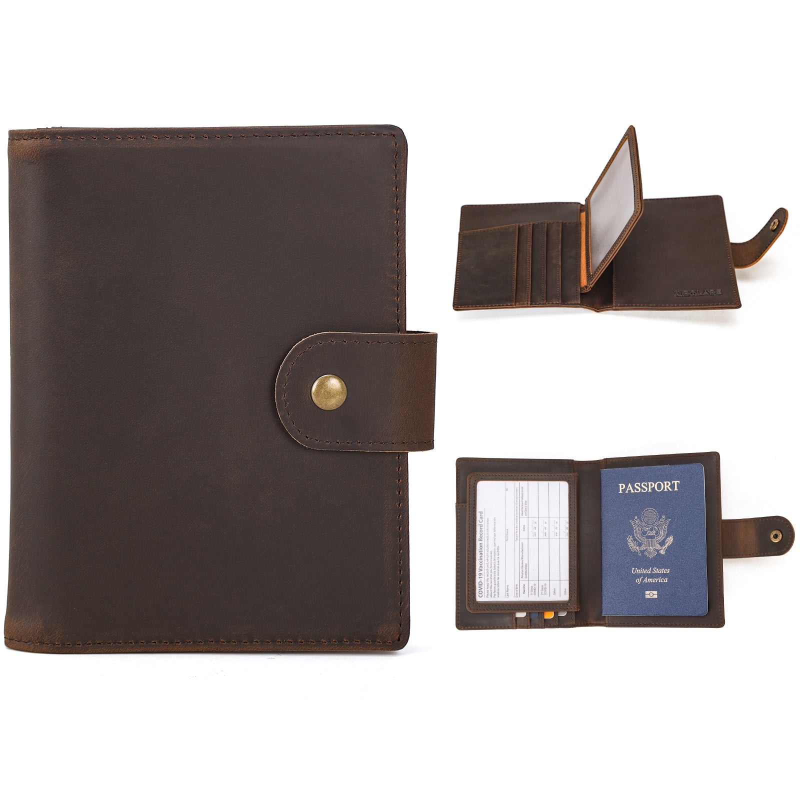 Full Grain Leather Snap Passport and Vaccine Card Holder (Dark Brown,Front/Inside)