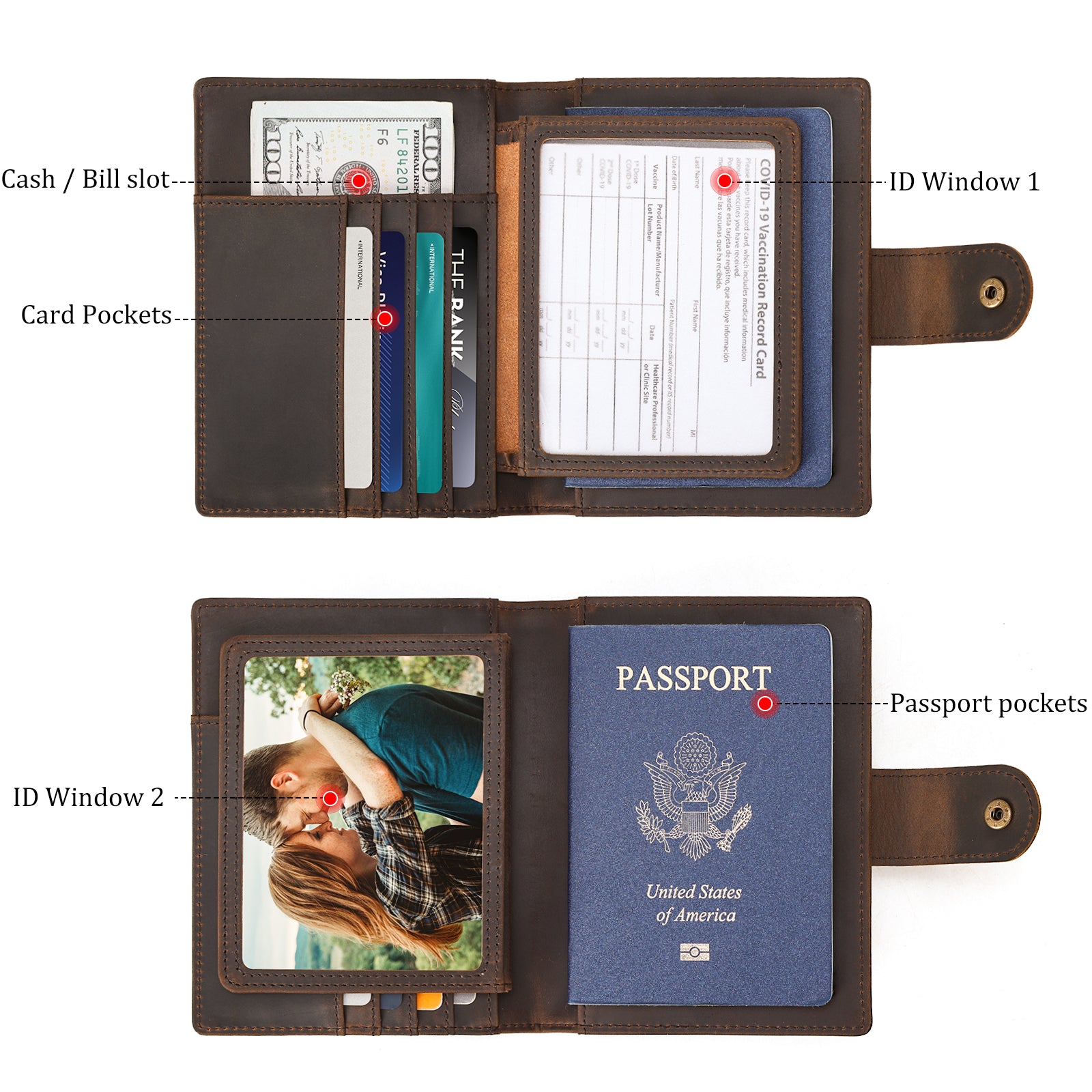 Full Grain Leather Snap Passport and Vaccine Card Holder (Dark Brown,Inside)