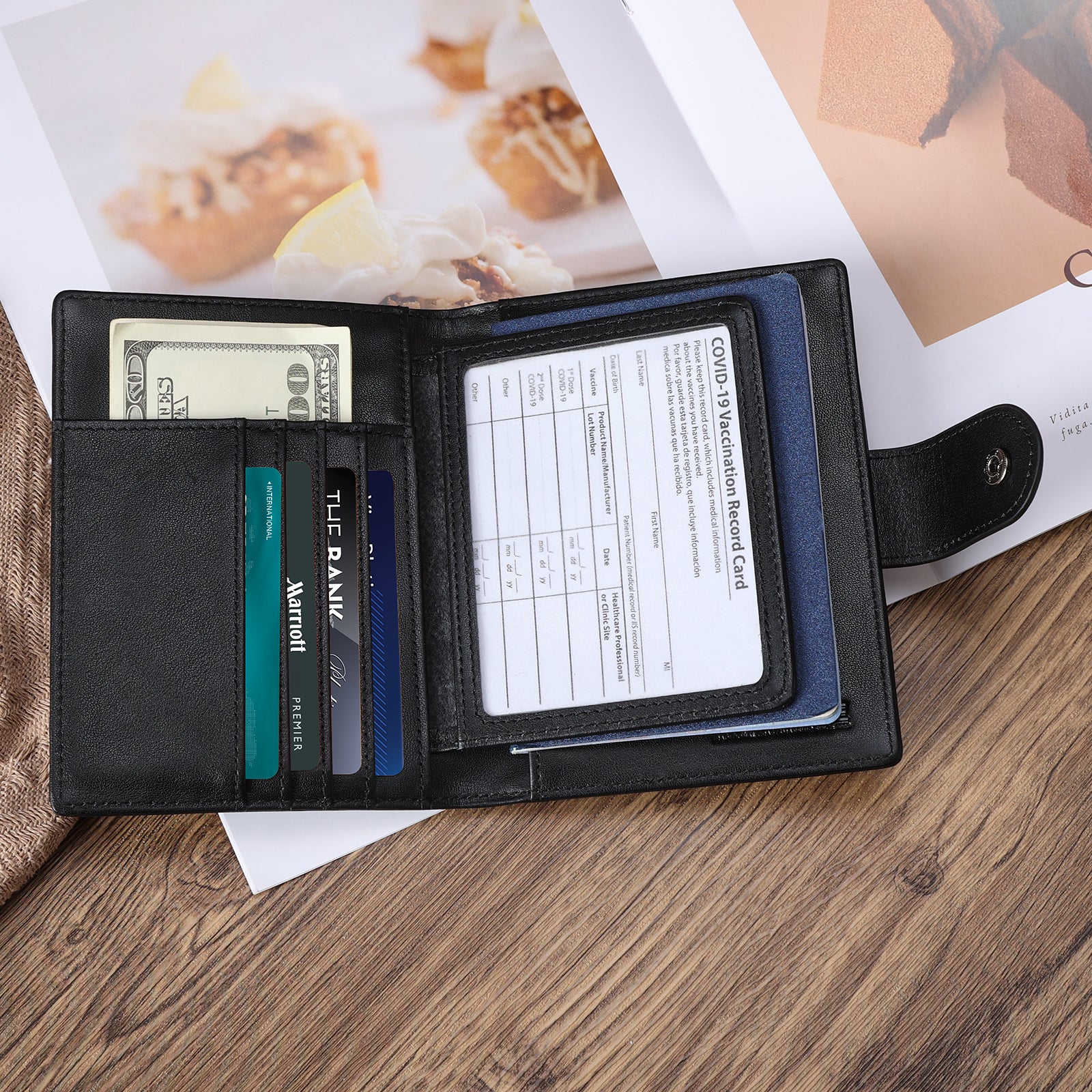 Napa Leather Snap Passport and Vaccine Card Holder (Black,Scenario Shows)