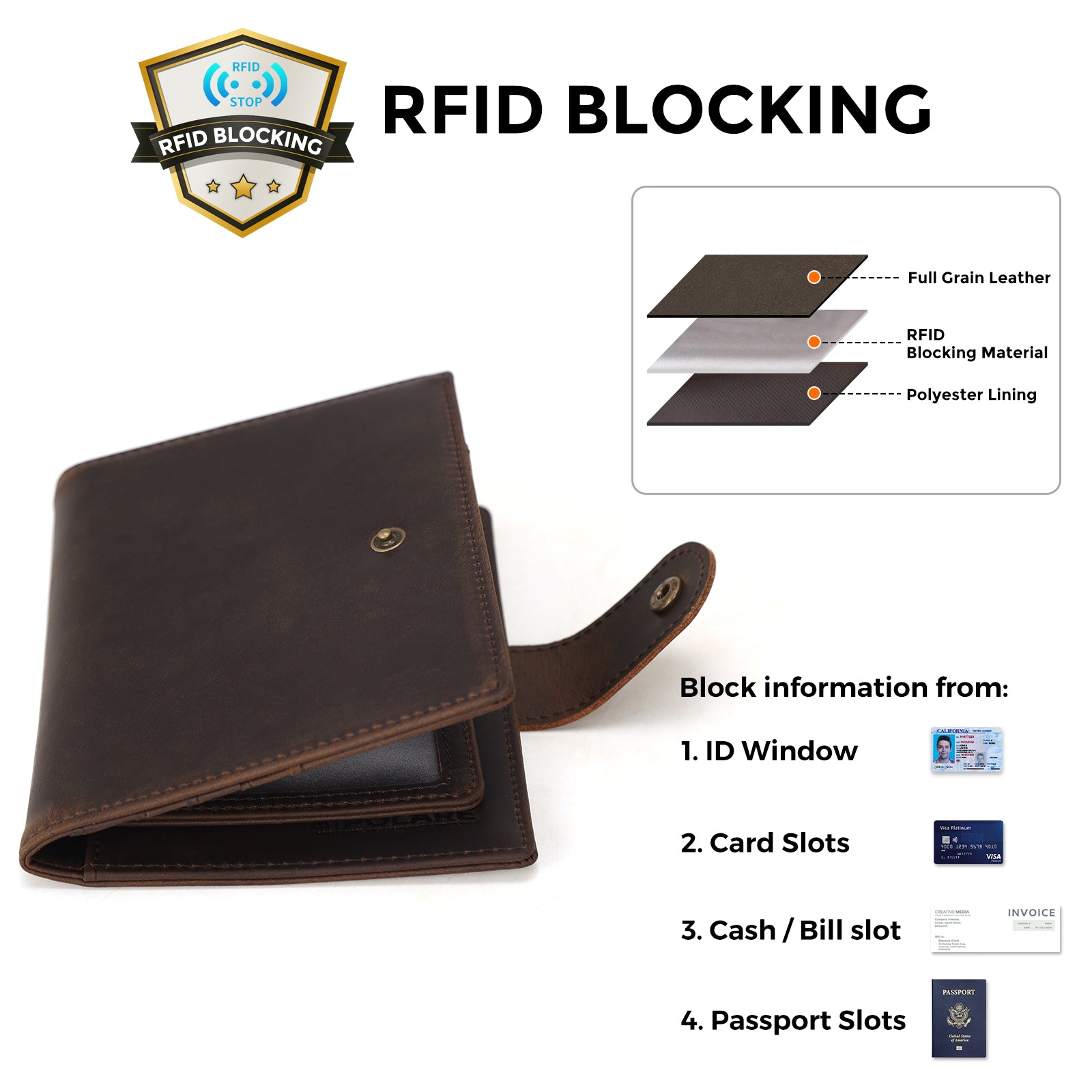 Polare Full Grain Leather Snap Passport and Vaccine Card Holder Combo RFID Blocking Travel Wallet Cover